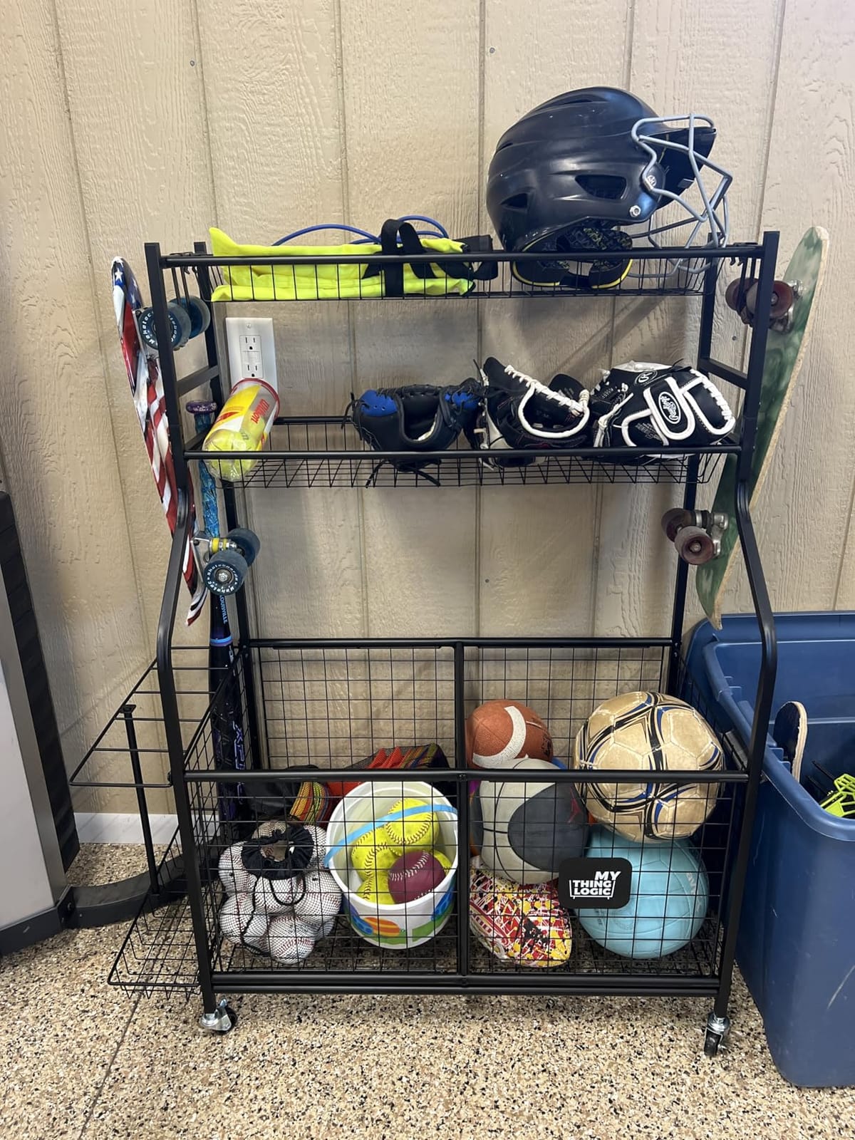 Mythinglogic Rolling Sports Equipment Organizer for Garage Gear and Toys | Metal rolling organizer stores balls, bats, rackets, helmets, bags and outdoor toys in separate bins, baskets and hooks customer photo 2
