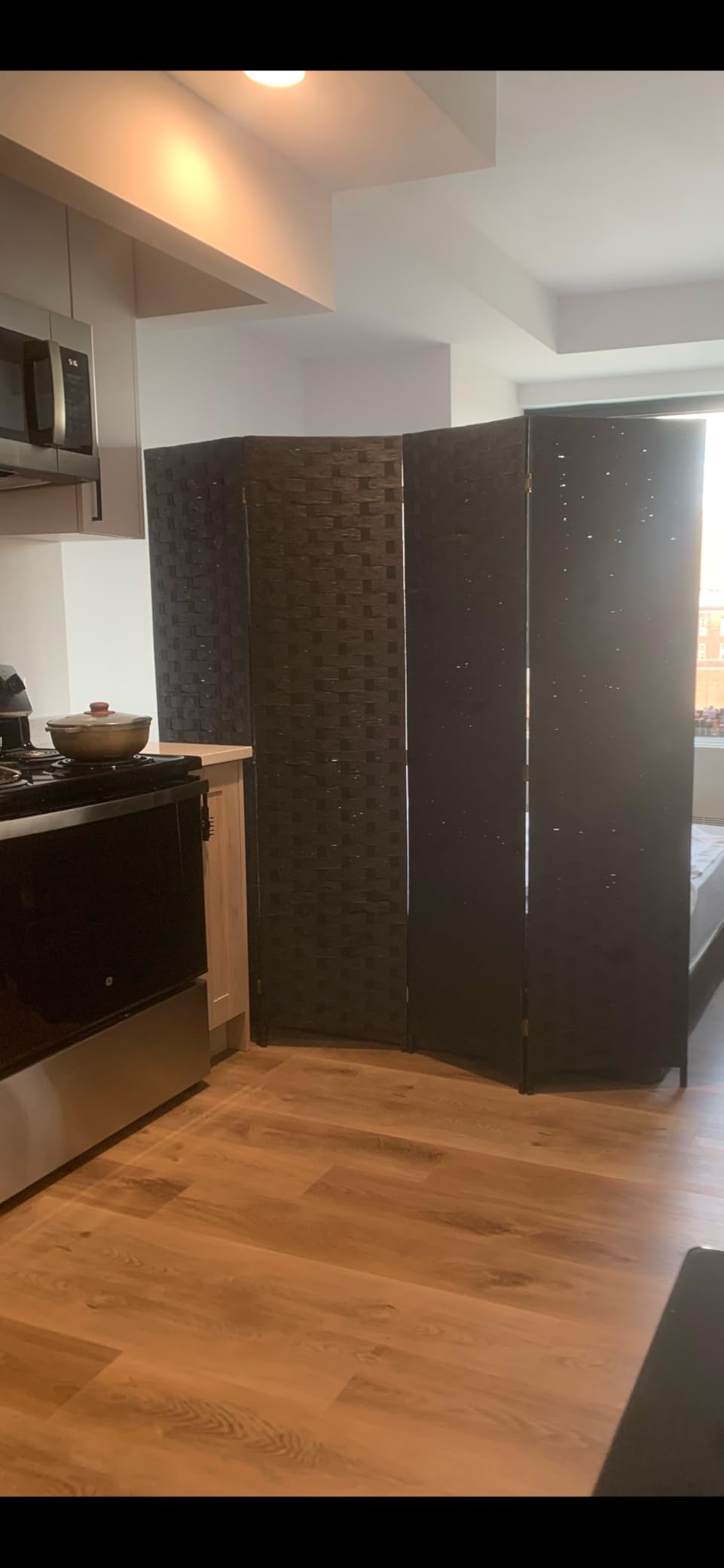 Room Divider, 4 Panels 6FT Folding Privacy Screen Wood Room Divider | Wall Wood Mesh Hand-Woven Design Freestanding Partition Portable Wall for Home Office Bedroom Room Separation (Black) customer photo 1