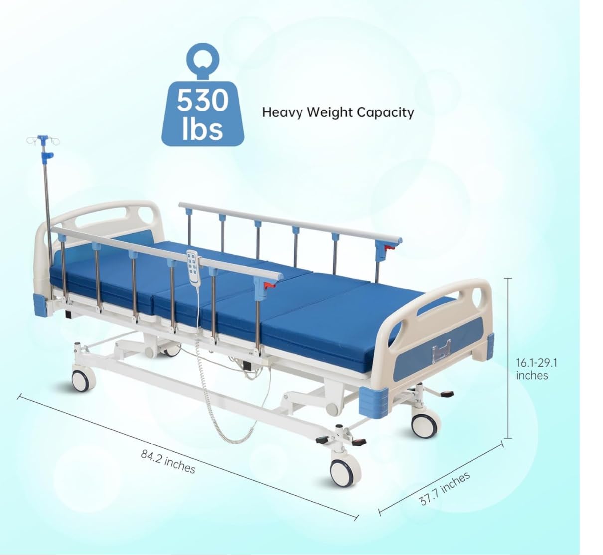Hospital Bed Electric 3 Function, 5-Inch Locking Casters for Home Hospital Use, 530LBS Loading, with Remote Control, IV Pole, Mattress, Dining Table, Includes Sheets (2X) customer photo 2