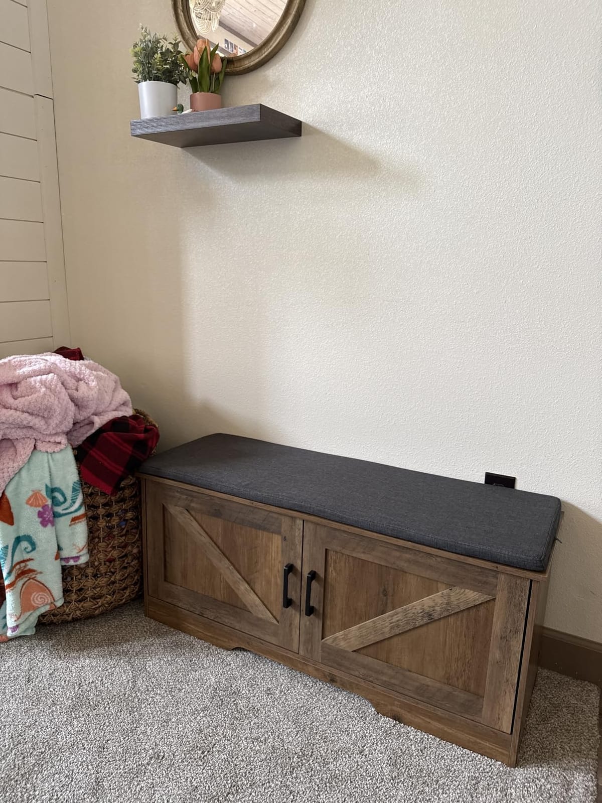 HOMSHO Farmhouse Shoe Storage Bench with 2 Barn Doors & Padded Seat Cushion | 39.4