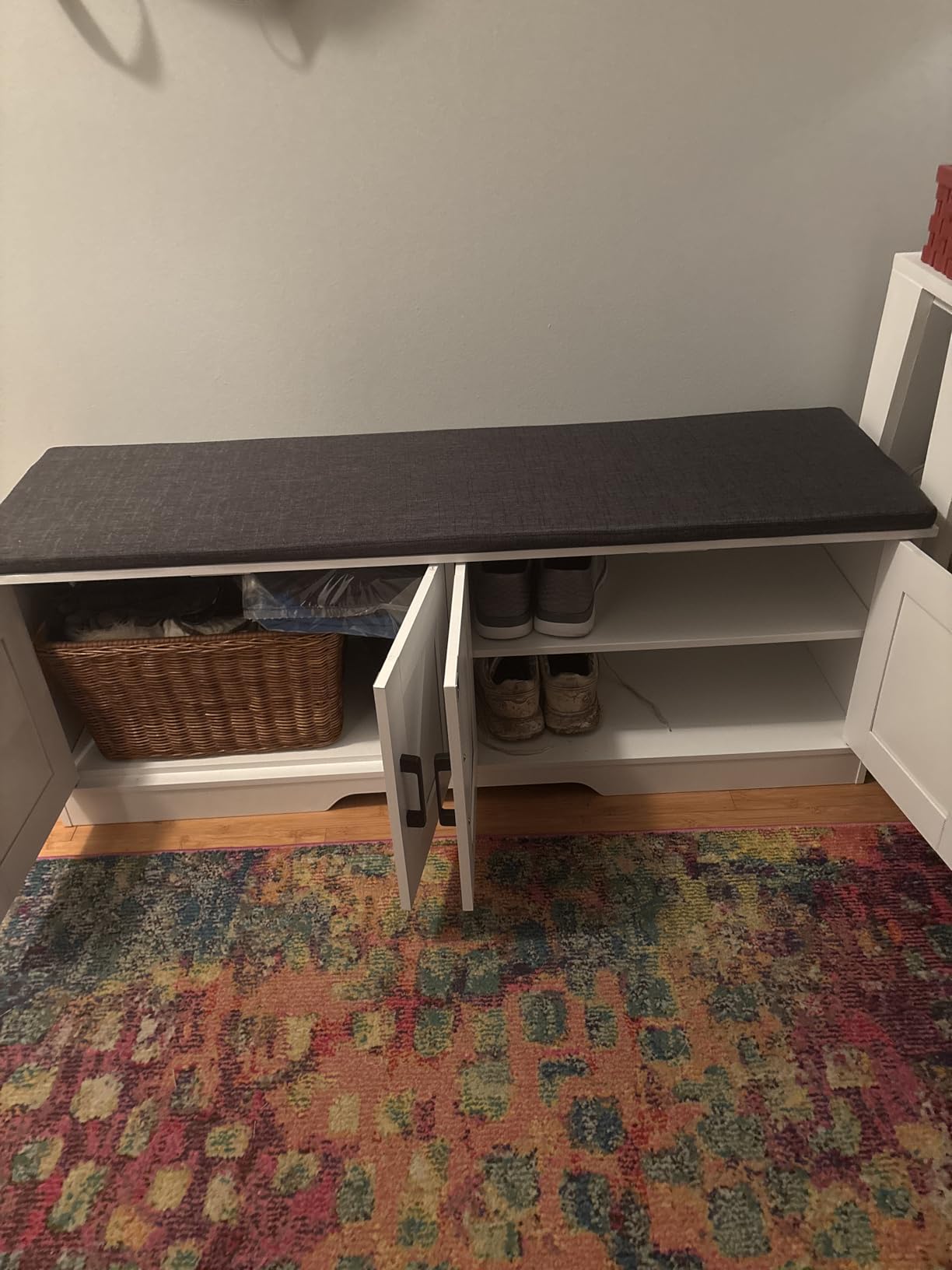 HOMSHO Farmhouse Shoe Storage Bench with 2 Barn Doors & Padded Seat Cushion | 39.4