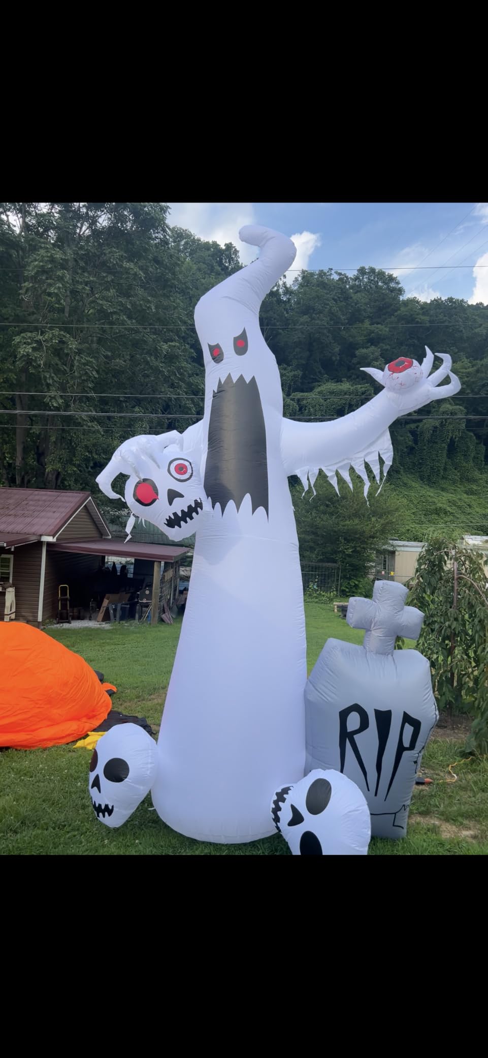HOPOCO 12 FT Halloween Inflatables Outdoor Decorations Ghost with 3 Skulls | Halloween Blow Up Yard Decor, Inflatable White Ghost with Bleeding Eyeball Tombstone, Built-in LED for Garden Holiday Party customer photo 2