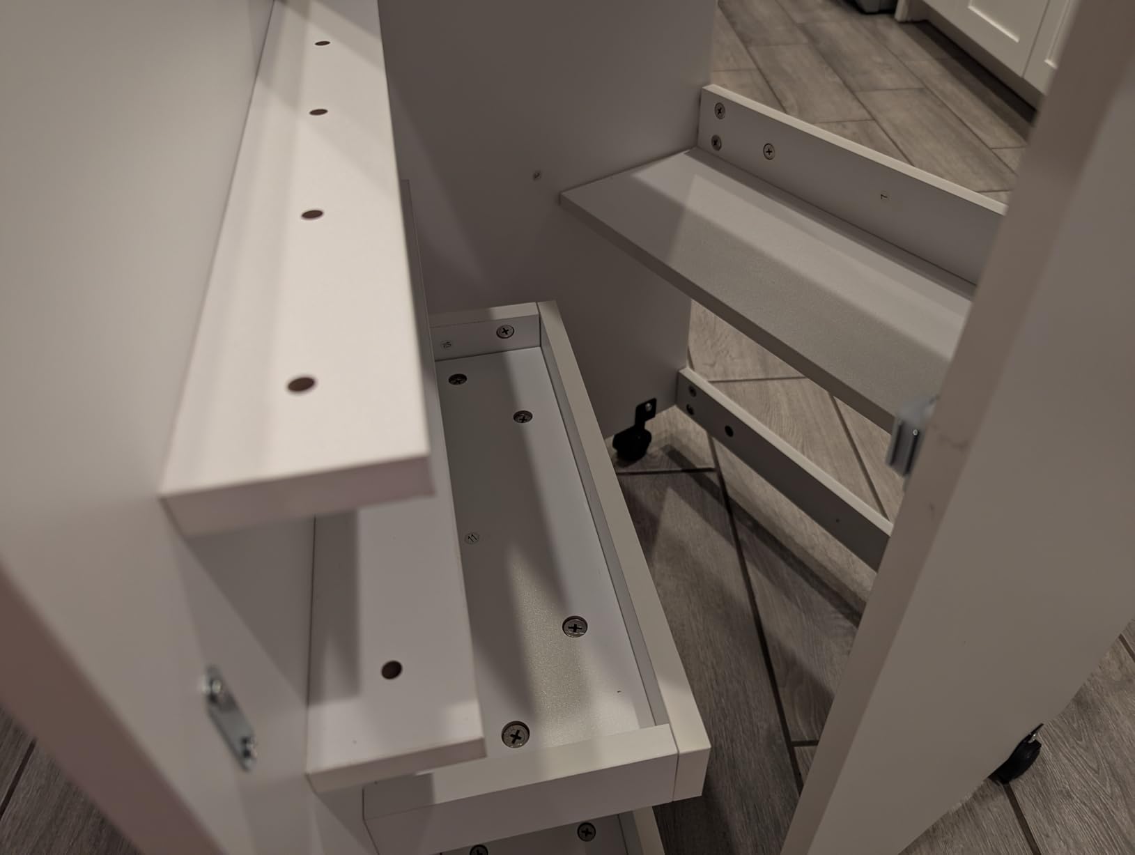 Folding Sewing Table, Multipurpose Sewing Machine Table with Compact Design, Wheels, Shelves, Bins, Pegs, Magnetic Locks (White) customer photo 2
