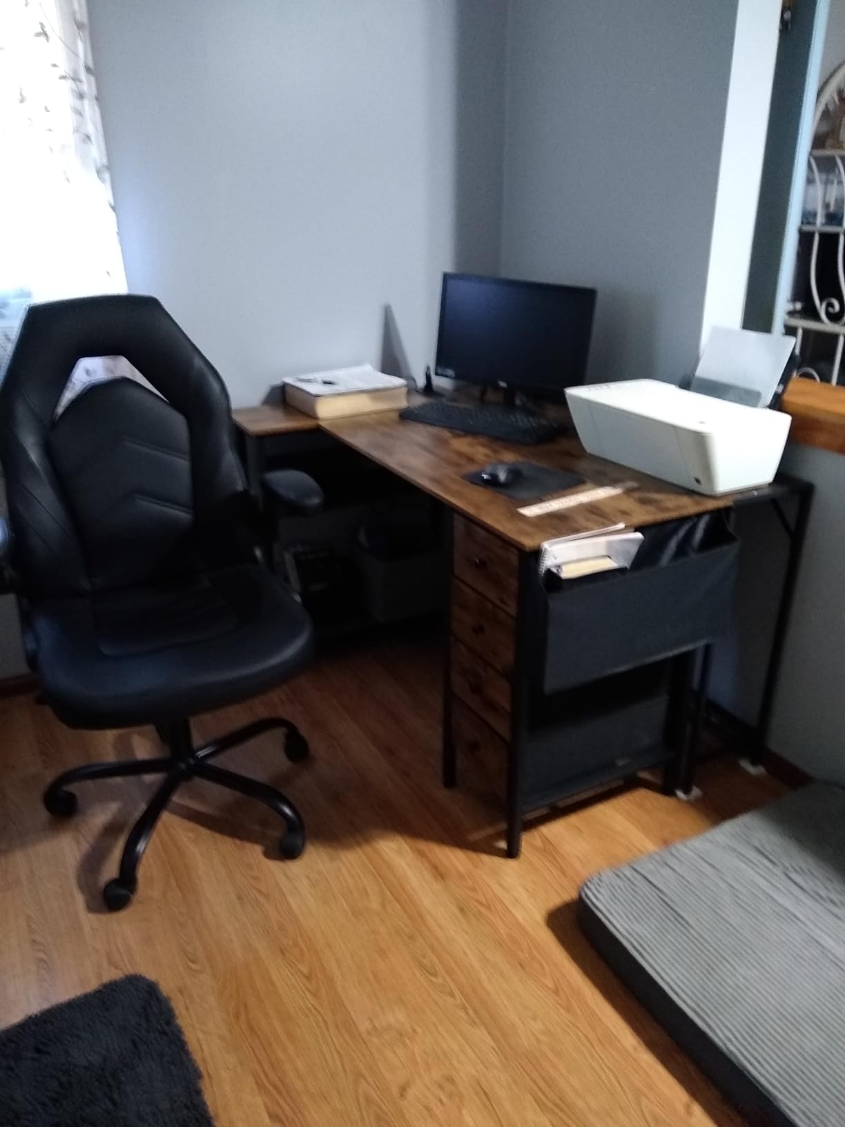 Lufeiya White L Shaped Computer Desk with Drawers & Storage Shelves, 47 Inch Corner Reversible Desk with Power Outlet for Home Office Bedroom, L-Shaped Teen PC Desks with Fabric Drawer, White customer photo 1