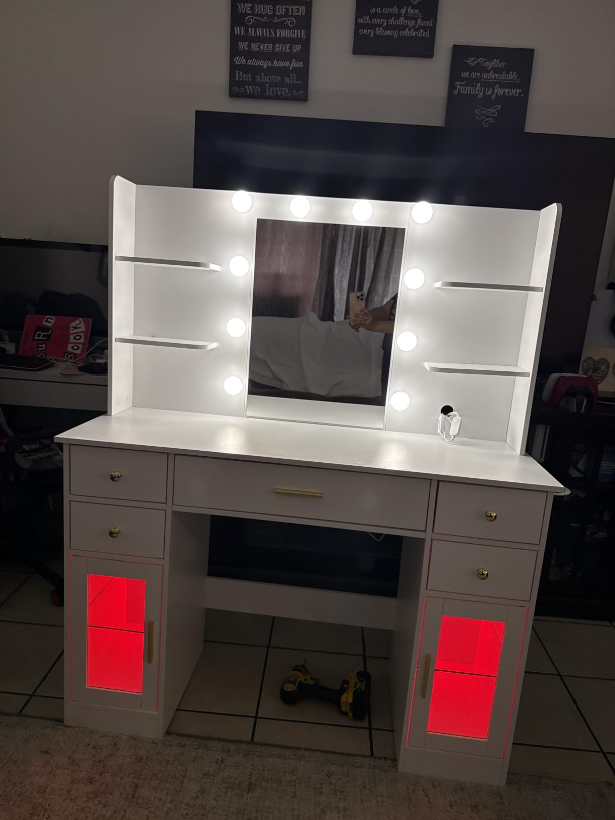 CSZZD White Makeup Vanity Desk with LED Mirror & RGB Cabinets customer photo 2