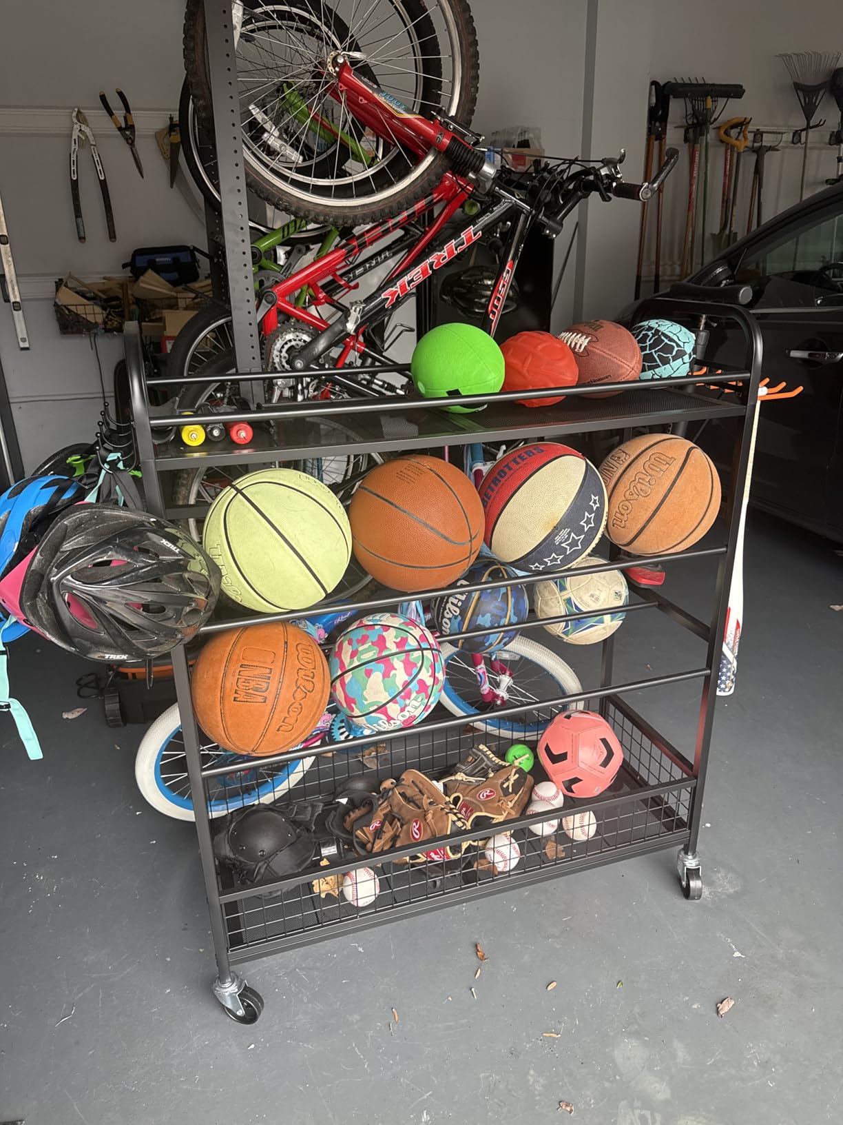 EXTCCT Garage Sports Equipment Organizer - Rolling Ball Storage with Wheels | Garage Sports Gear Rack Outdoor Basketball Racks for Balls with Baseball Bat Holder and Hooks, Toy Organizer customer photo 2