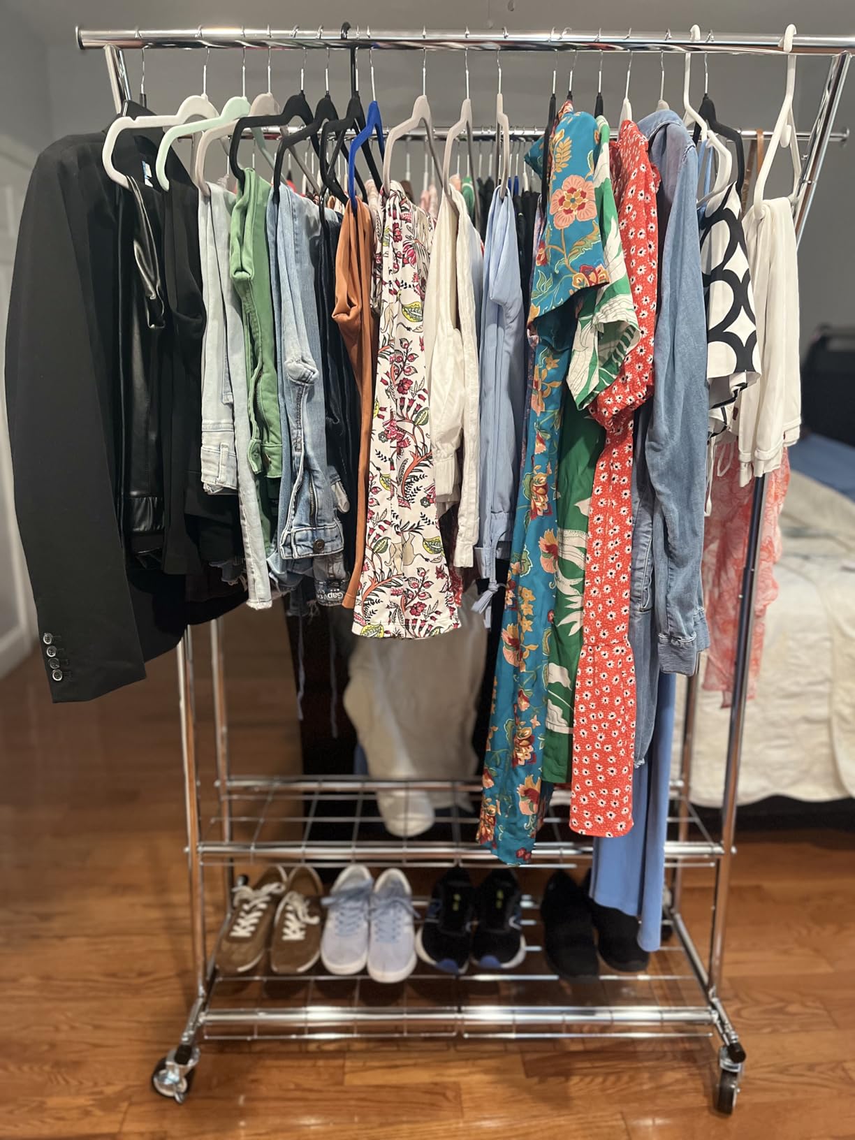 HYSEYY Heavy Duty Clothes Rack 620 LBS, Rolling Clothing Rack with Wheels | Double Rods Garment Rack, Adjustable Clothing Rack for Hanging Clothes with 2-Tier Shelves for Bedroom, Laundry Room, Silver customer photo 1