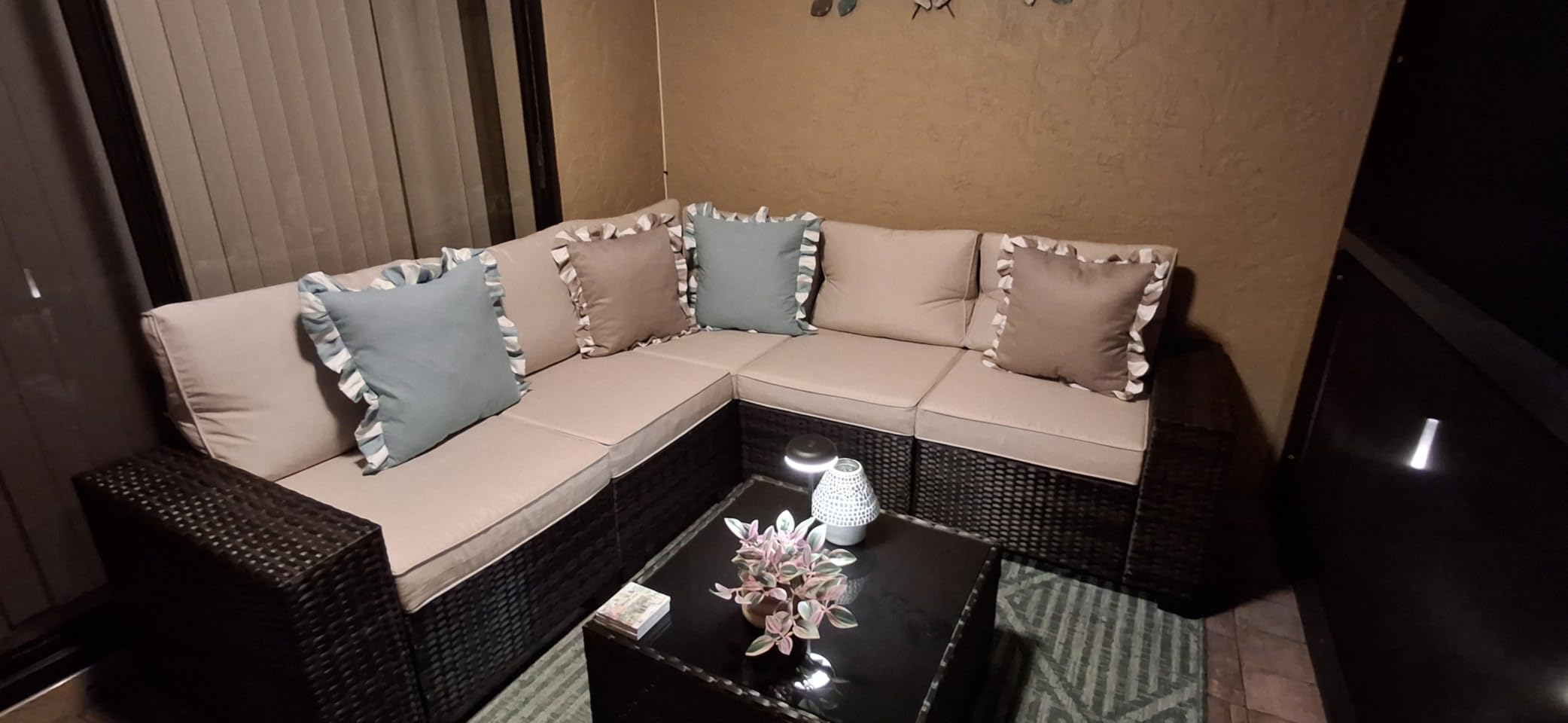 JOYURE 5 Pieces Patio Furniture Set All-Weather Outdoor Wicker Sectional Conversation Sofa Rattan Patio Seating Sofa with Cushion and Glass Table and Ottoman for Porch Poolside,Peacock Blue customer photo 1