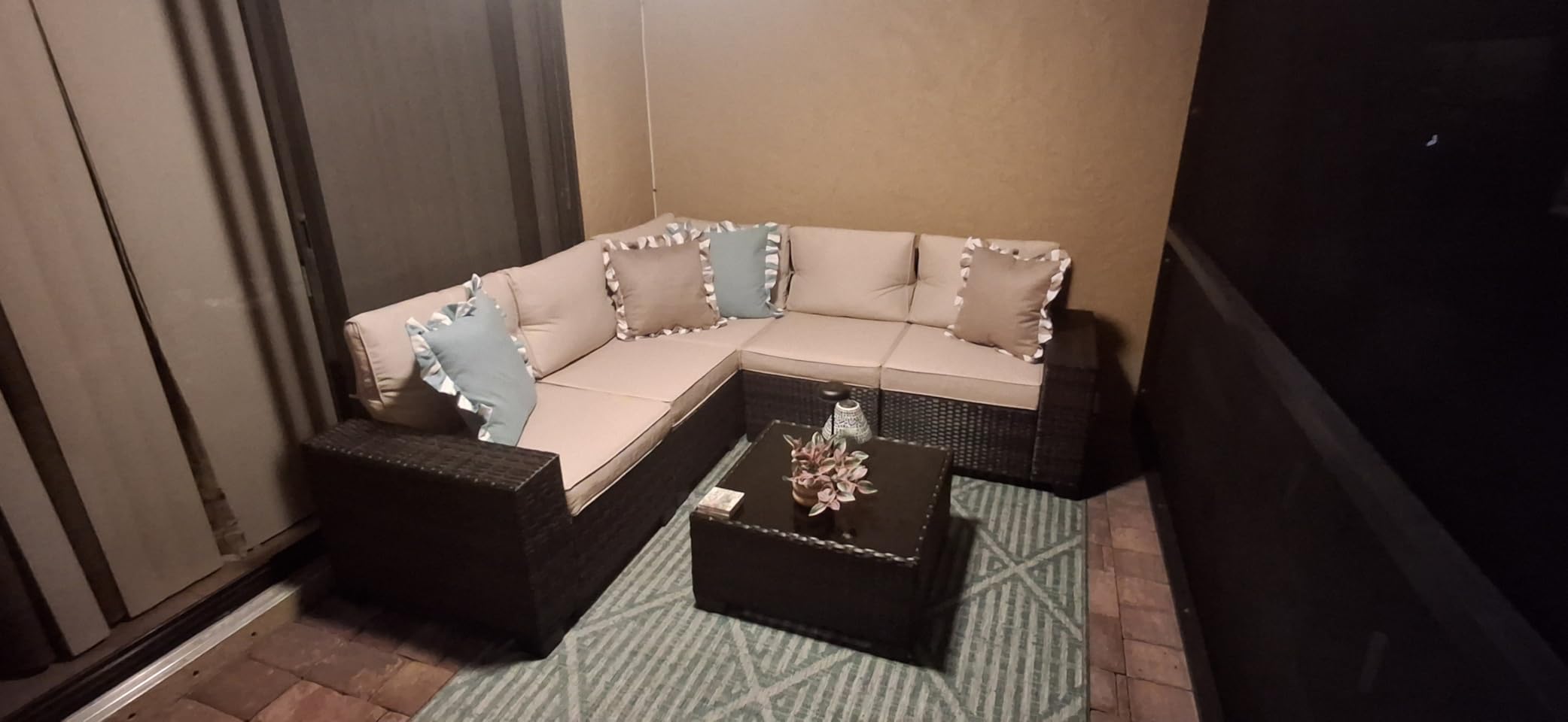 JOYURE 5 Pieces Patio Furniture Set All-Weather Outdoor Wicker Sectional Conversation Sofa Rattan Patio Seating Sofa with Cushion and Glass Table and Ottoman for Porch Poolside,Peacock Blue customer photo 2