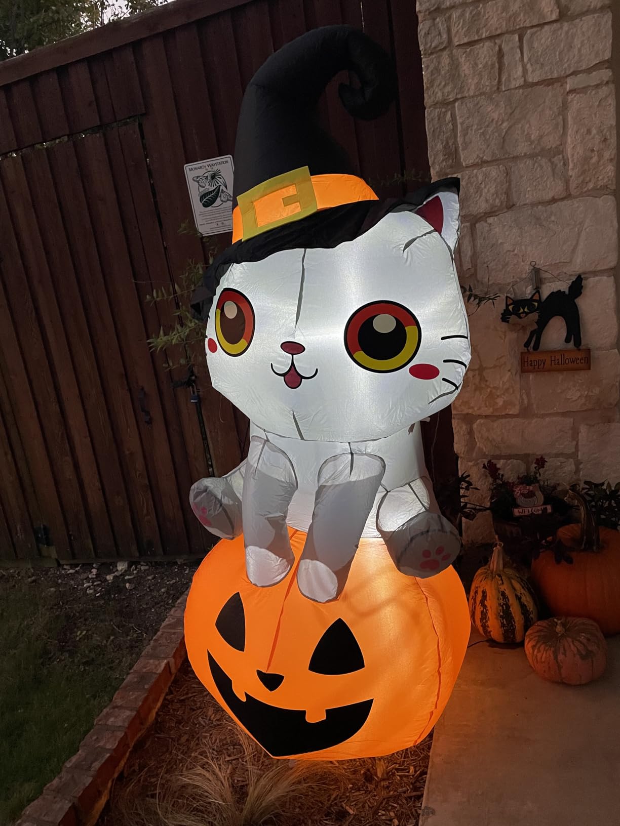 GOOSH 6 FT Halloween Inflatables Cat Outdoor Decorations Blow Up Yard Cute Wizard Cat Sitting Pumpkin with Built-in LEDs for Garden Lawn Indoor Party Decor customer photo 1