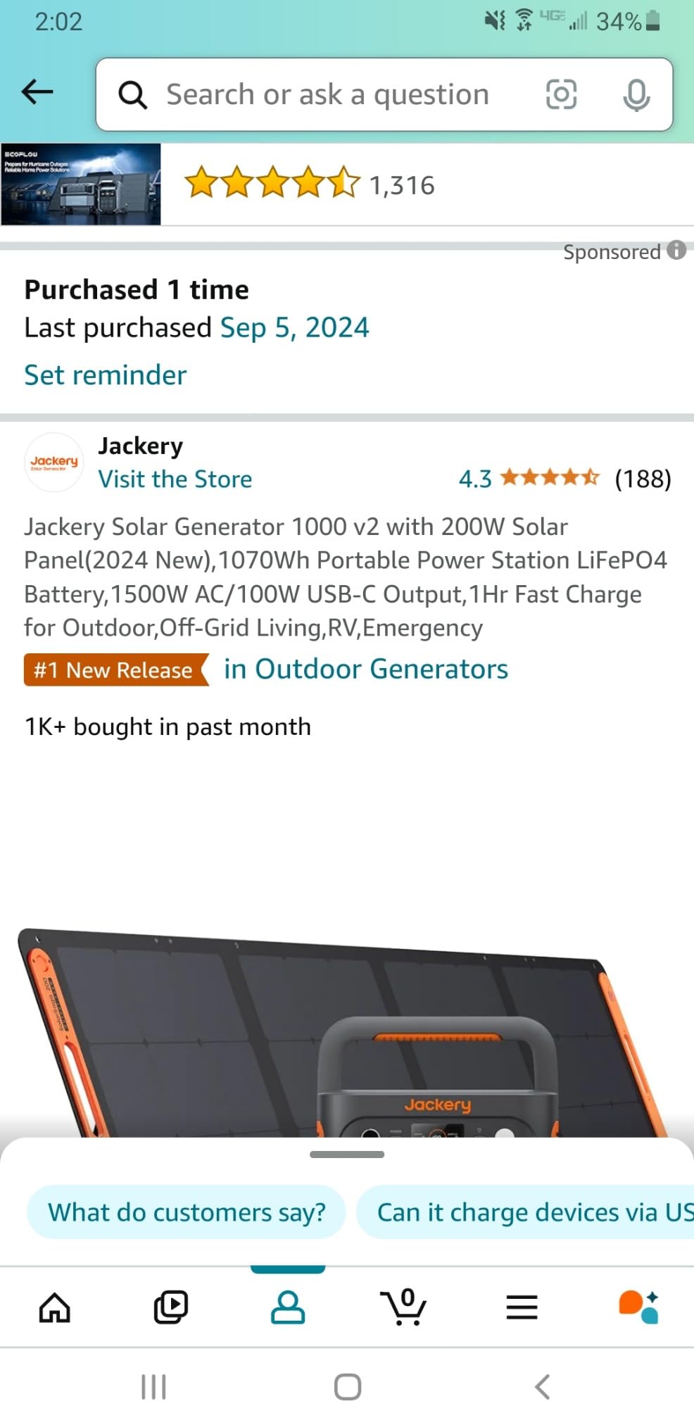 Jackery Solar Generator 1000 v2 with 200W Solar Panel, 1070Wh, 1500W AC, 1 Hr Fast Charge, LiFePO4 Battery, for Outdoor, Off-Grid Living, RV, Emergency customer photo 1