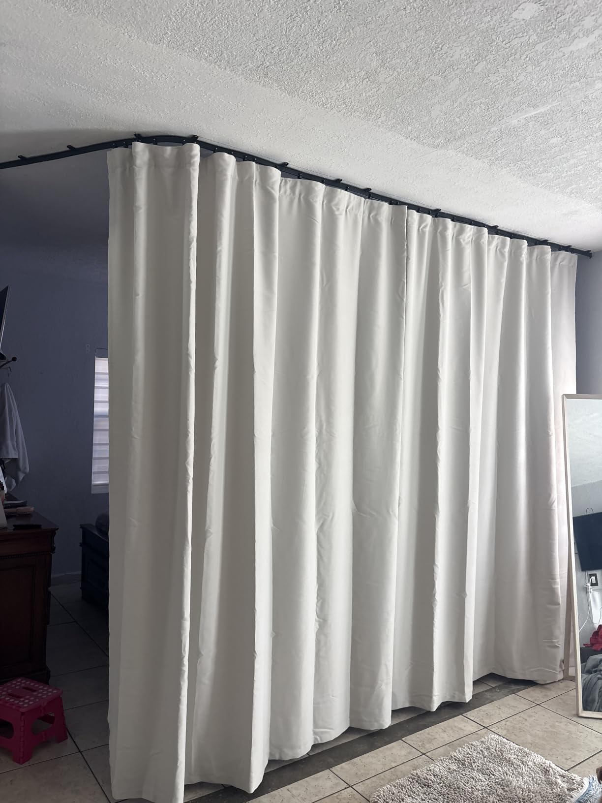Room Divider Curtains Flexible Ceiling Tracks set Curtain track Ceiling Mount Blackout Curtain for Living Room Bedroom Ceiling Curtain Rod Privacy Dividers Panels W100 x H84 Beige Drape & Black rail customer photo 1