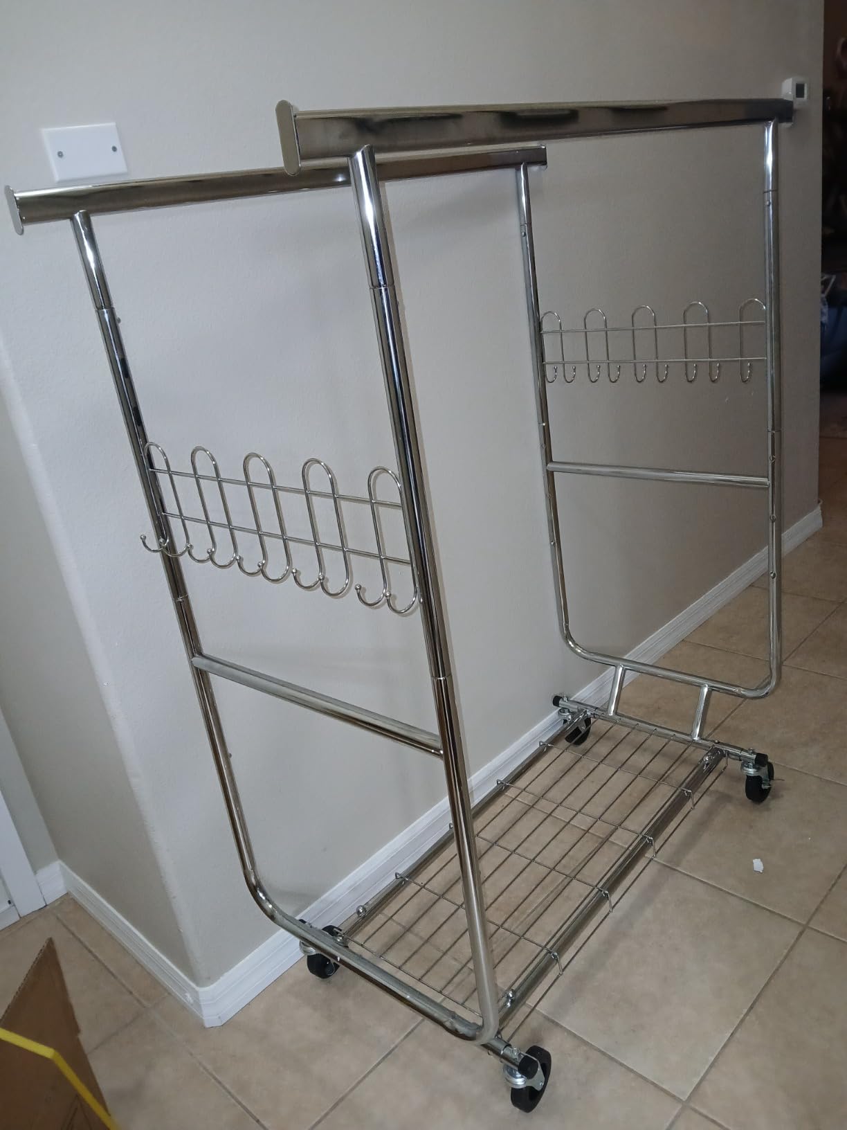 Gewudraw Clothes Rack Heavy Duty Load 900 Lbs With Wheels, Commercial, Chrome | Double Rod Rolling Clothing Rack, Adjustable | Portable | Collapsible, Hooks, Shelf, Garment Rack for Wardrobe, Bedroom, Silver customer photo 1