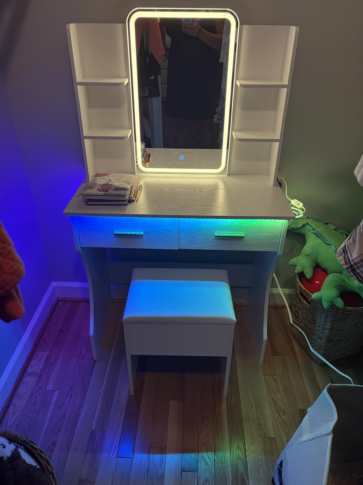 Vanity Desk with LED Lights Mirror & Power Outlet, Small Makeup Vanity Table Set with Storage Drawers & Chair, 3 Lighting Modes & Adjustable Brightness, Dressing Table for Women Girls Bedroom, White customer photo 2