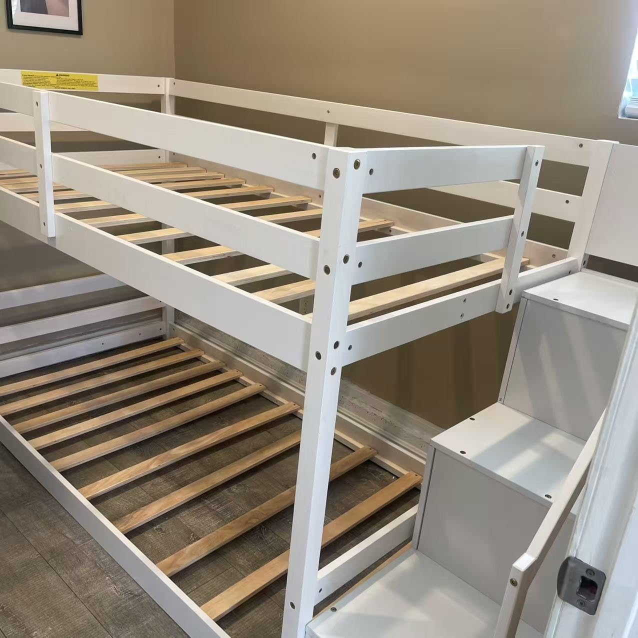GIANTEX Twin Over Twin Bunk Bed with Stairs, Solid Wood Floor Bunk Bed with Storage Staircase & Full-Length Guardrails, Low Bunk Bed with for Kids, Teens, Adults, Dorm, Small Space, White customer photo 2