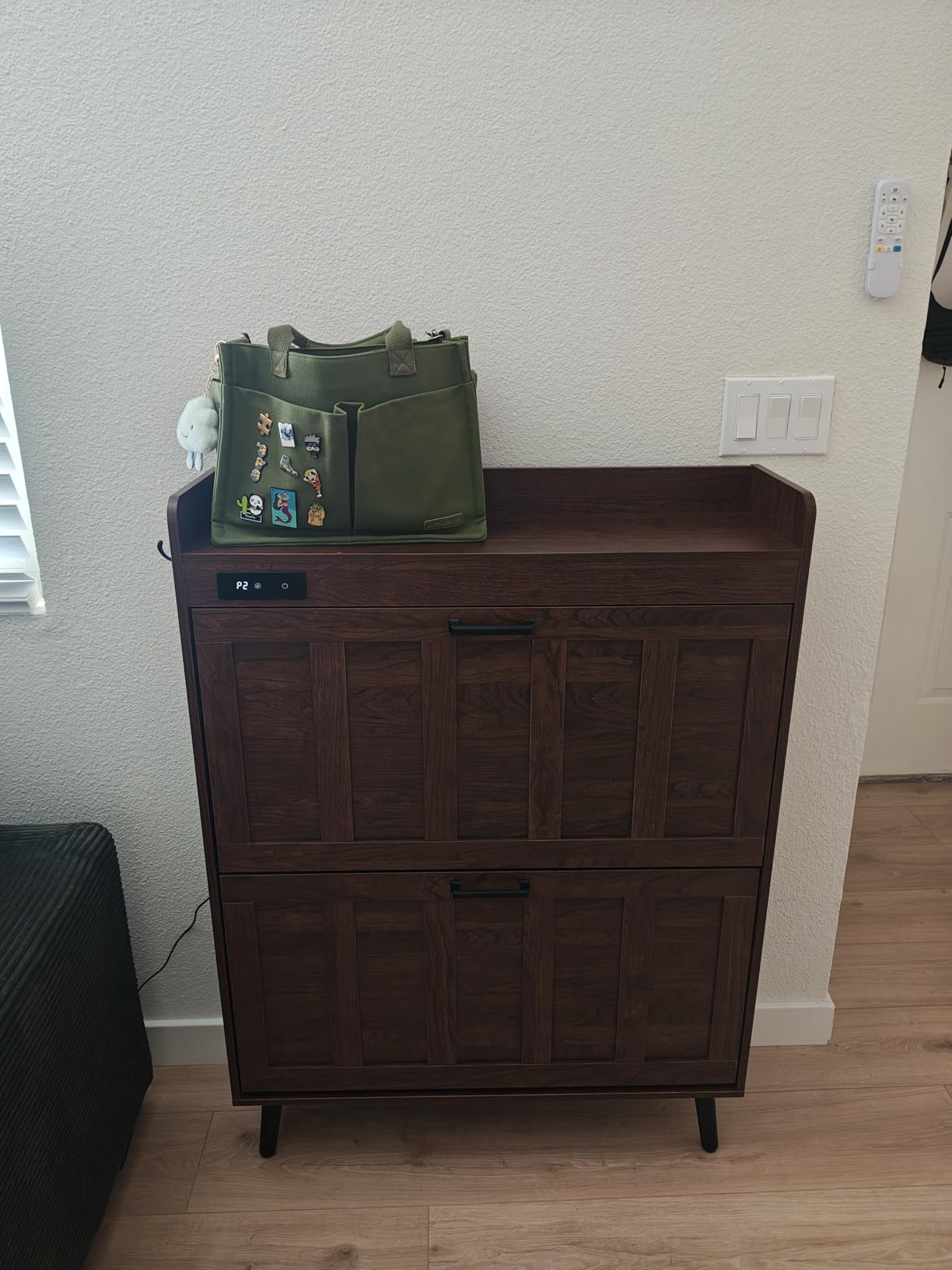 ChooChoo Shoe Storage Cabinet with 2 Flip Drawers for Entryway | Shoe Organizer Storage with Deodorizer, Freestanding Hidden Slim Narrow Shoe Rack Cabinet, Antique White & Brown customer photo 2