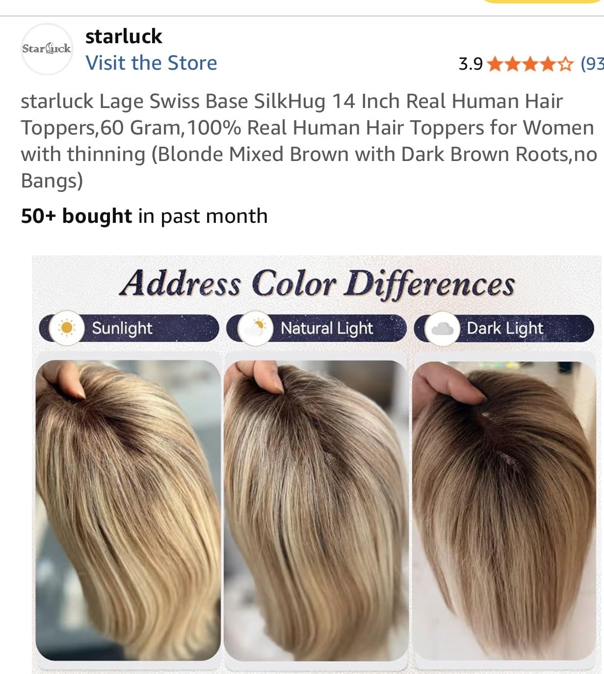 starluck Large Swiss Base SilkHug 14 Inch Real Human Hair Toppers, 60 Gram, 100% Real Human Hair Toppers for Women with thinning (Blonde Mixed Brown with Dark Brown Roots, no Bangs) customer photo 2