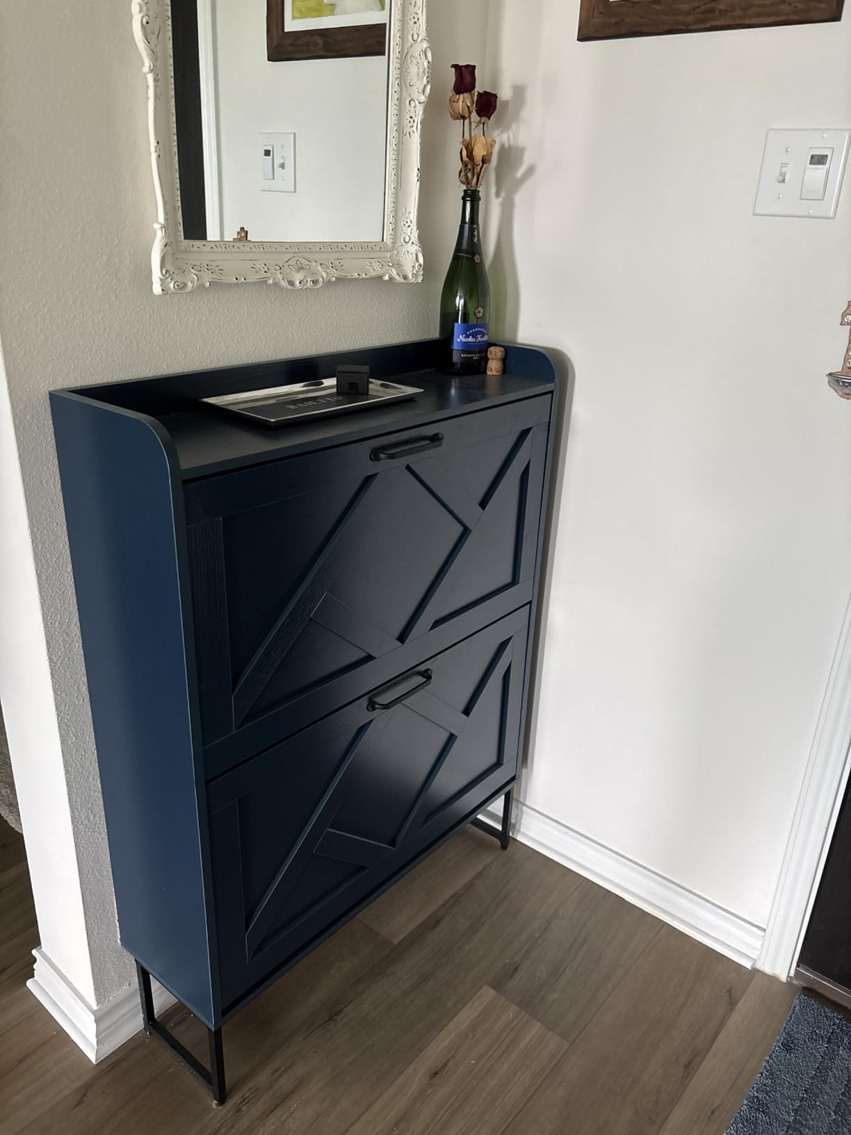 Nicetree Shoe Storage Cabinet with 2 Flip Drawers, Freestanding Shoe Organizer, Shoe Cabinet with Metal Legs, Narrow Shoe Rack Cabinet, Farmhouse Slim Shoe Cabinet for Entryway, Hallway, Rustic Gray customer photo 1
