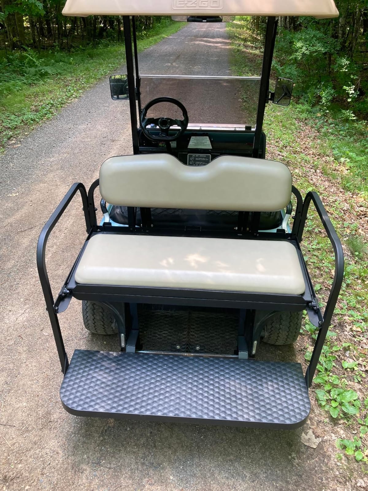 EZGO RXV Golf Cart Flip Folding Rear Seat Kit, Stone Beige Cushions, Black Powder-Coated Frame, Plastic Footrest, Cooler Box Cutout, Fit for both Pre-2015 and 2016+ Models customer photo 2