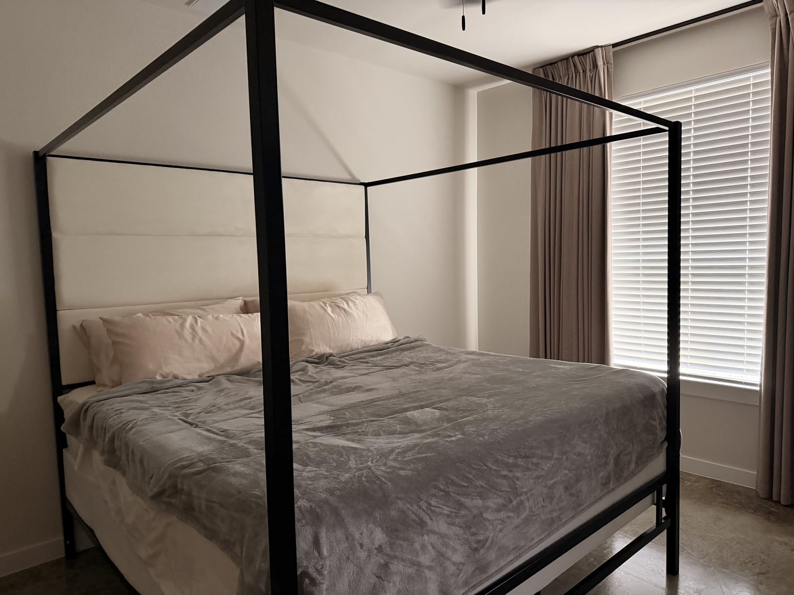 LUMISOL Queen Size Metal Canopy Bed Frame with Headboard, Gold 4-Poster Canopy Bed with Tall Linen Upholstered, Box Spring Needed, Easy Assembly, Gold + Tan customer photo 1
