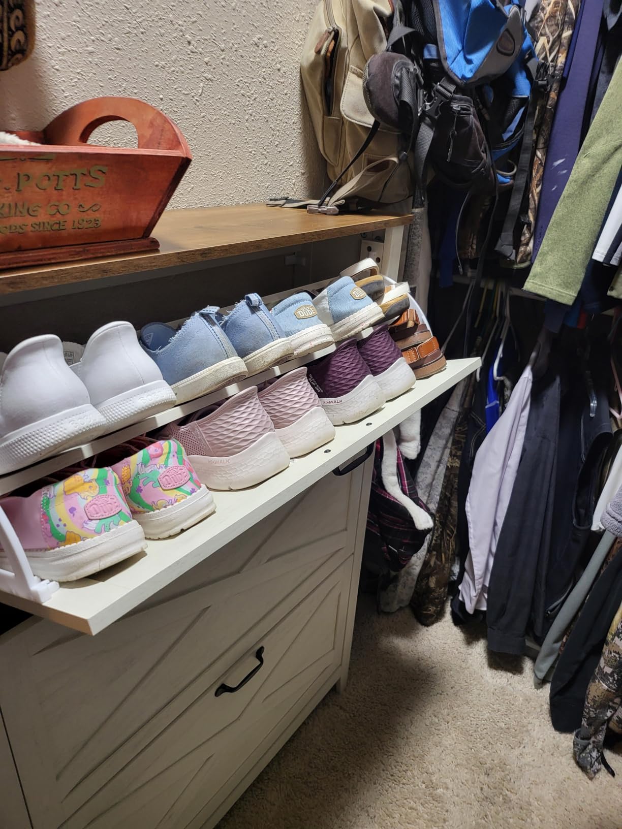 VASAGLE Farmhouse Shoe Cabinet, Narrow Storage Organizer, 2 Flip Drawers, Shoe Storage Organizer, Fits 16 Pairs, 34.3 x 9.5 x 34.6 in, Rustic White and Honey Brown, LIRY Collection customer photo 1