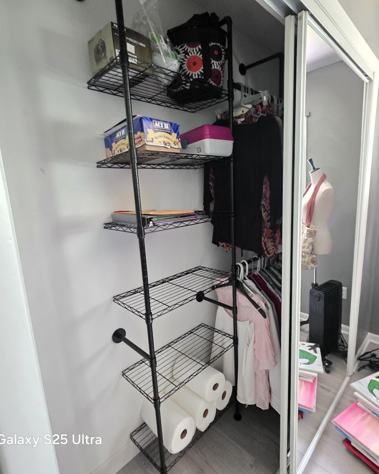 ONBRILL L2 Wall Mounted Closet System, Industrial Pipe Clothing Rack, Black | Metal Clothes Rack with 2 Telescopic Rods & 6 Shelves, Heavy Duty Closet Organizers for Wardrobe, Reach-in & Walk-in Closets customer photo 1