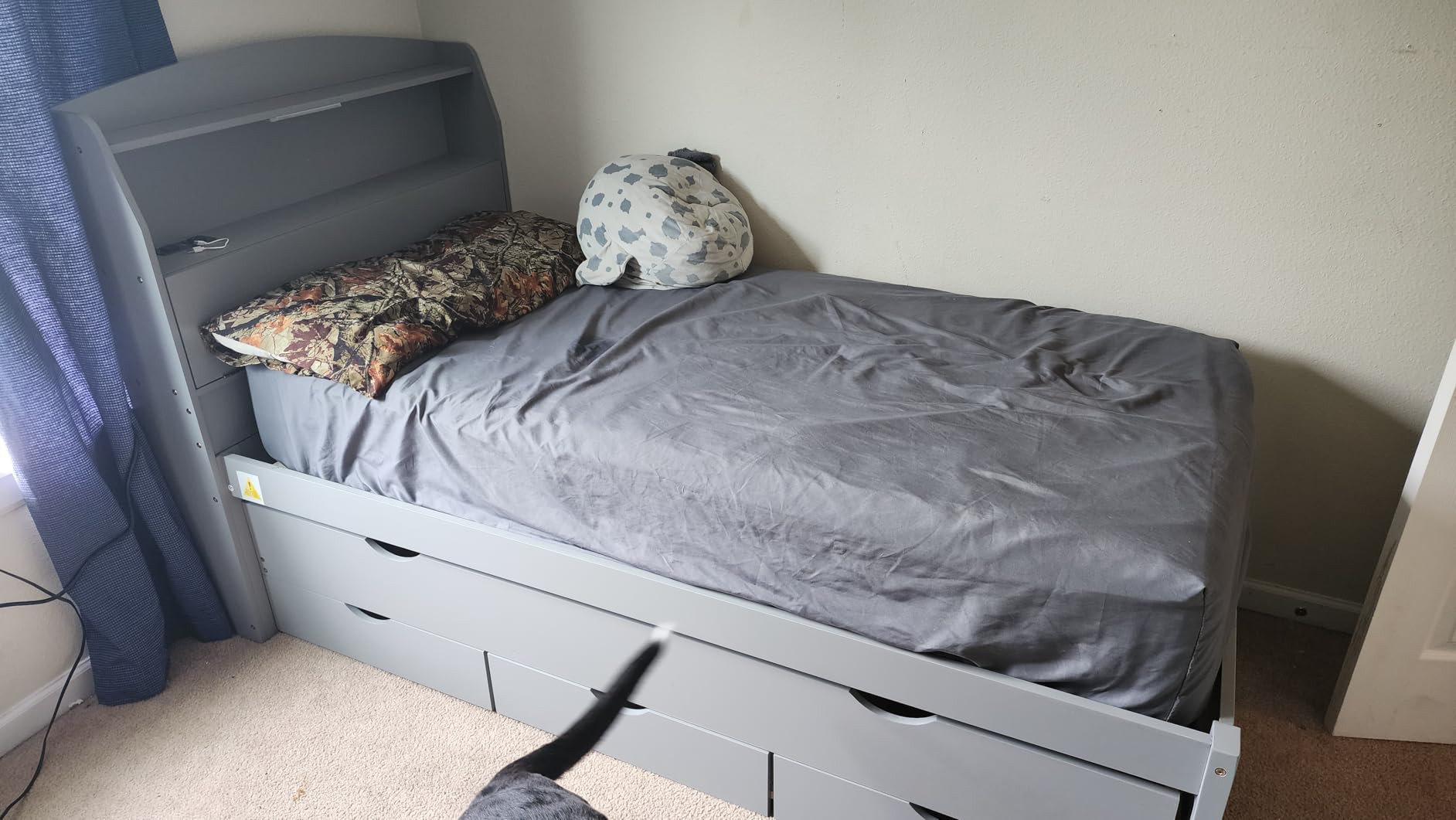 Bellemave Twin Size Wooden Platform Bed with Trundle & LED Storage Headboard - 3 Drawers, Wood Twin Captain Bed with USB Outlets and Hidden Flip-Up Compartment for Kids Teens Boys Girls (Gray) customer photo 2