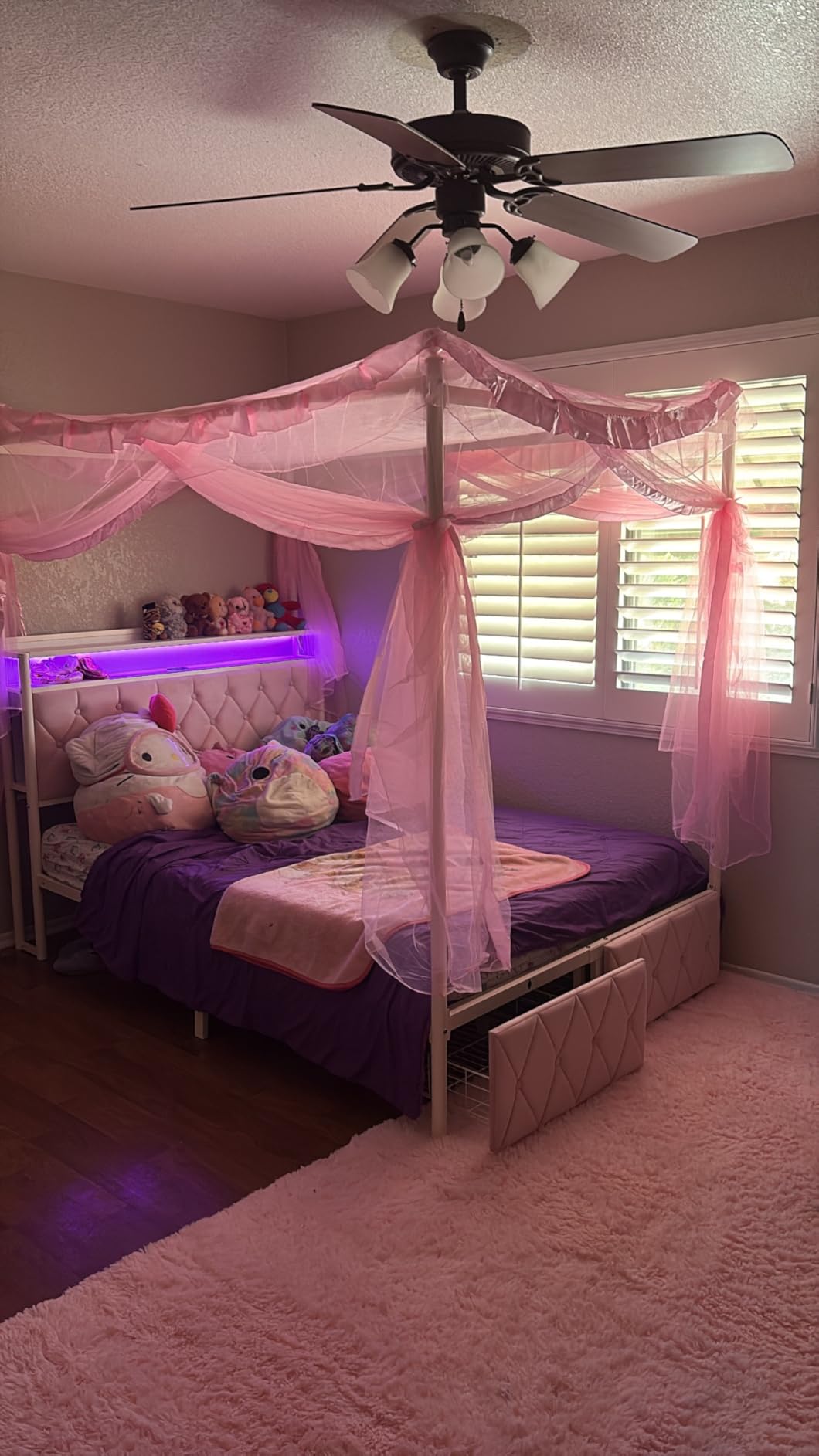 HIFIT Queen Size LED Canopy Bed Frame with Storage & Charging Station,Beige customer photo 2
