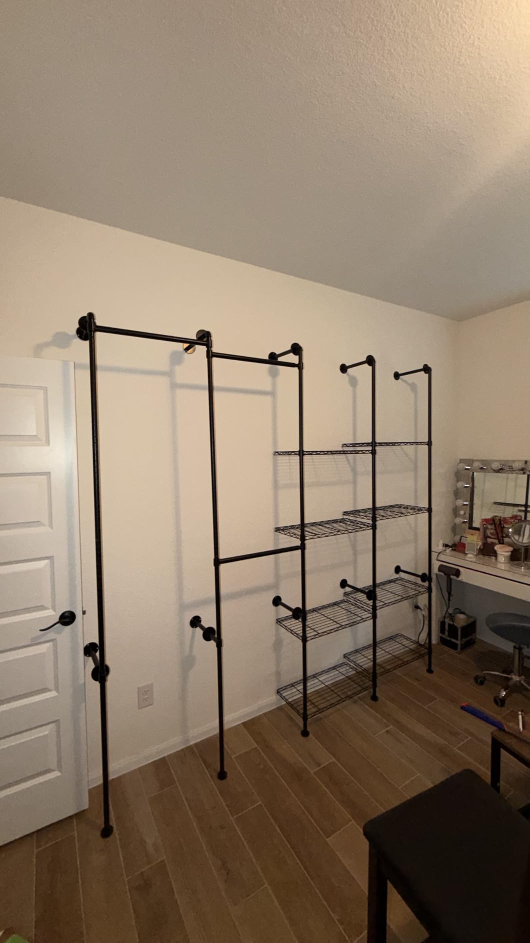 ONBRILL L4 Wall Mounted Heavy Duty Corner Industrial Pipe Clothing Rack | Closet Organizer and Storage System with 6 Hanging Clothes Rods (4 Expandable) & 8 Shelves, Large Wardrobe - Black customer photo 1