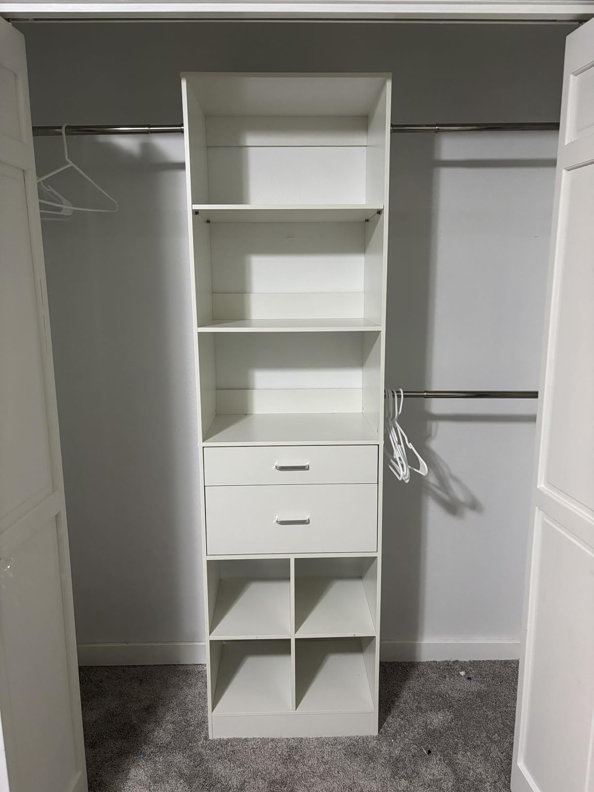 Besiost Closet System, 4-8 FT Closet Organizer Tower with 2 Wooden Drawers and 5 Hanging Rods, Can Fit 60 to 96 inch Walk-in Closet System, White customer photo 1