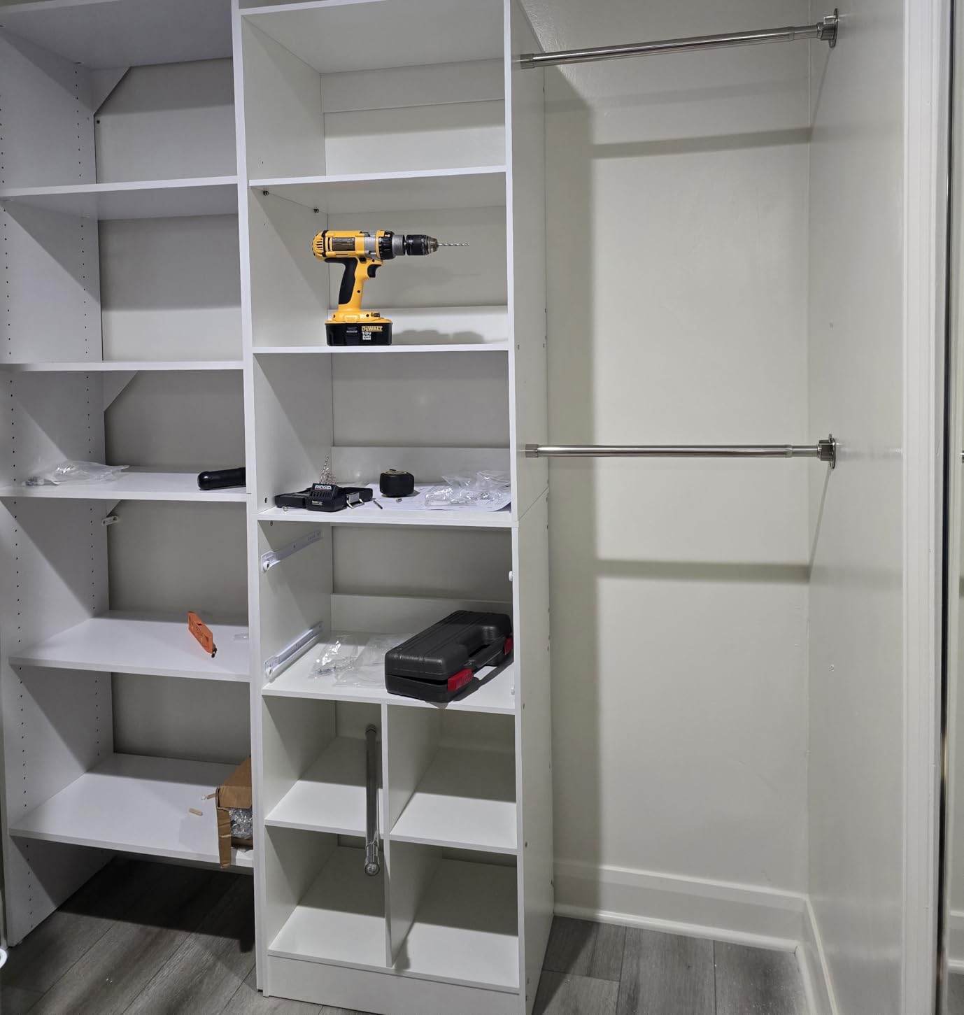 Besiost Closet System, 4-8 FT Closet Organizer Tower with 2 Wooden Drawers and 5 Hanging Rods, Can Fit 60 to 96 inch Walk-in Closet System, White customer photo 2