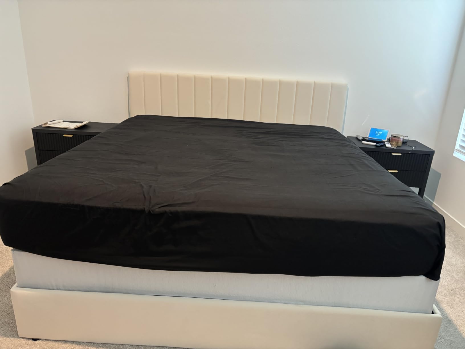 Allewie King Size Storage Bed Frame, Vertical Channel Tufted Adjustable Headboard, Velvet Upholstered Platform Bed with 4 Oversized Underbed Drawers, Wooden Slats Support, No Box Spring Needed, White customer photo 2