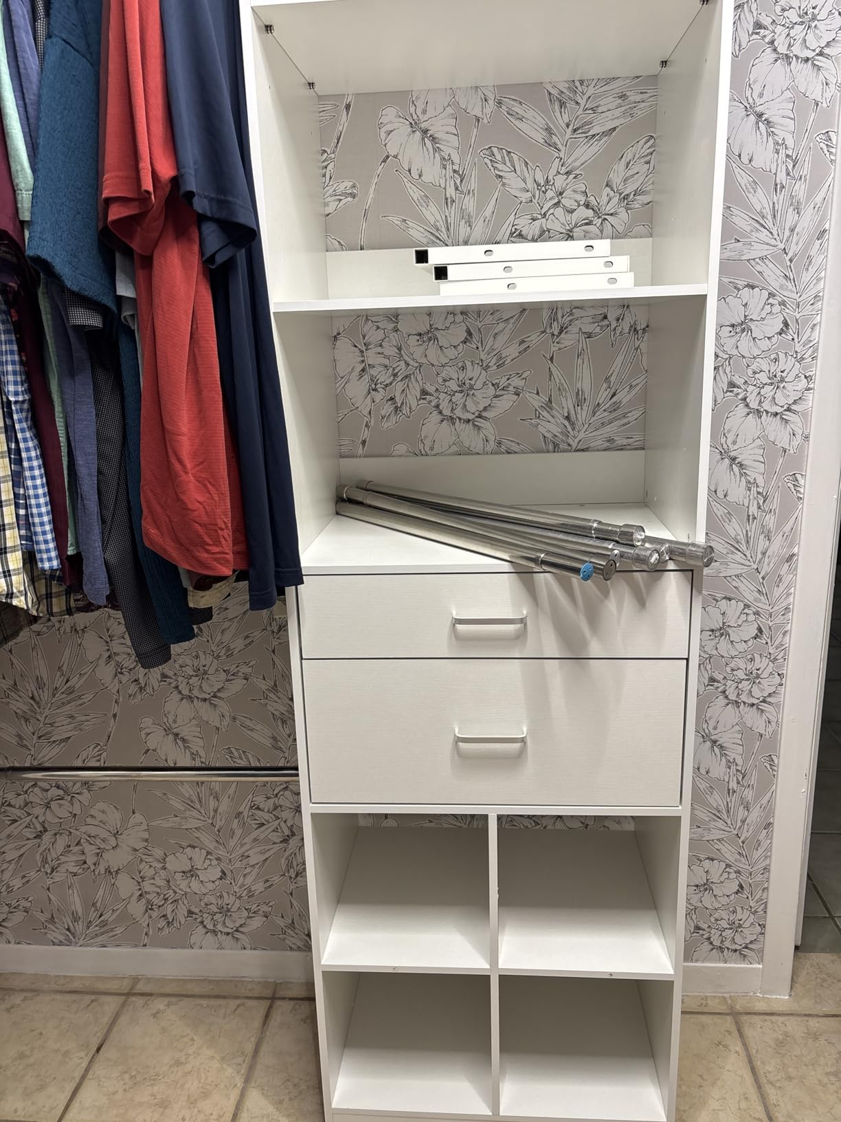 5FT Closet Organizer System with Wooden Drawers, 60 Inches Walk In Closet System With 5 Hanging Rods, Can Fit 1.58 to 6.8 FT with Reversible Hanging Shelving, White customer photo 1