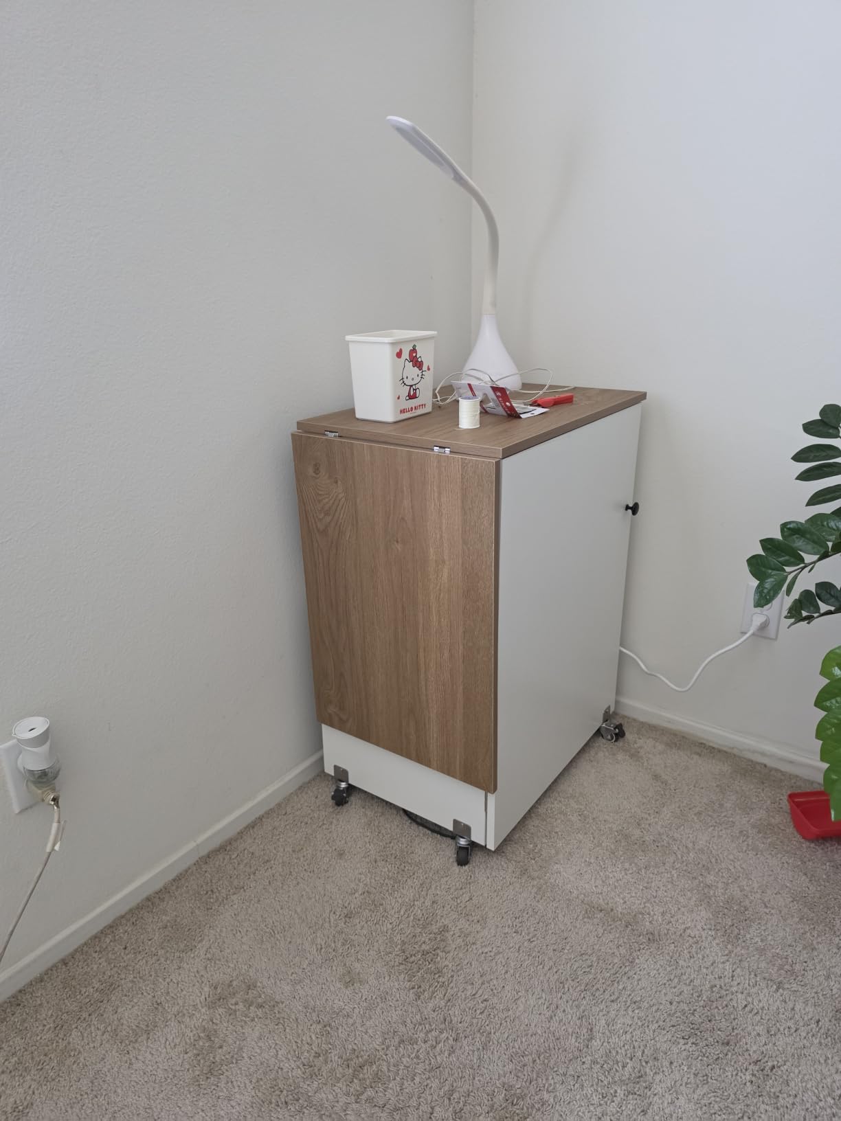 COSTWAY Folding Sewing Table with Charging Station, White & Natural customer photo 1