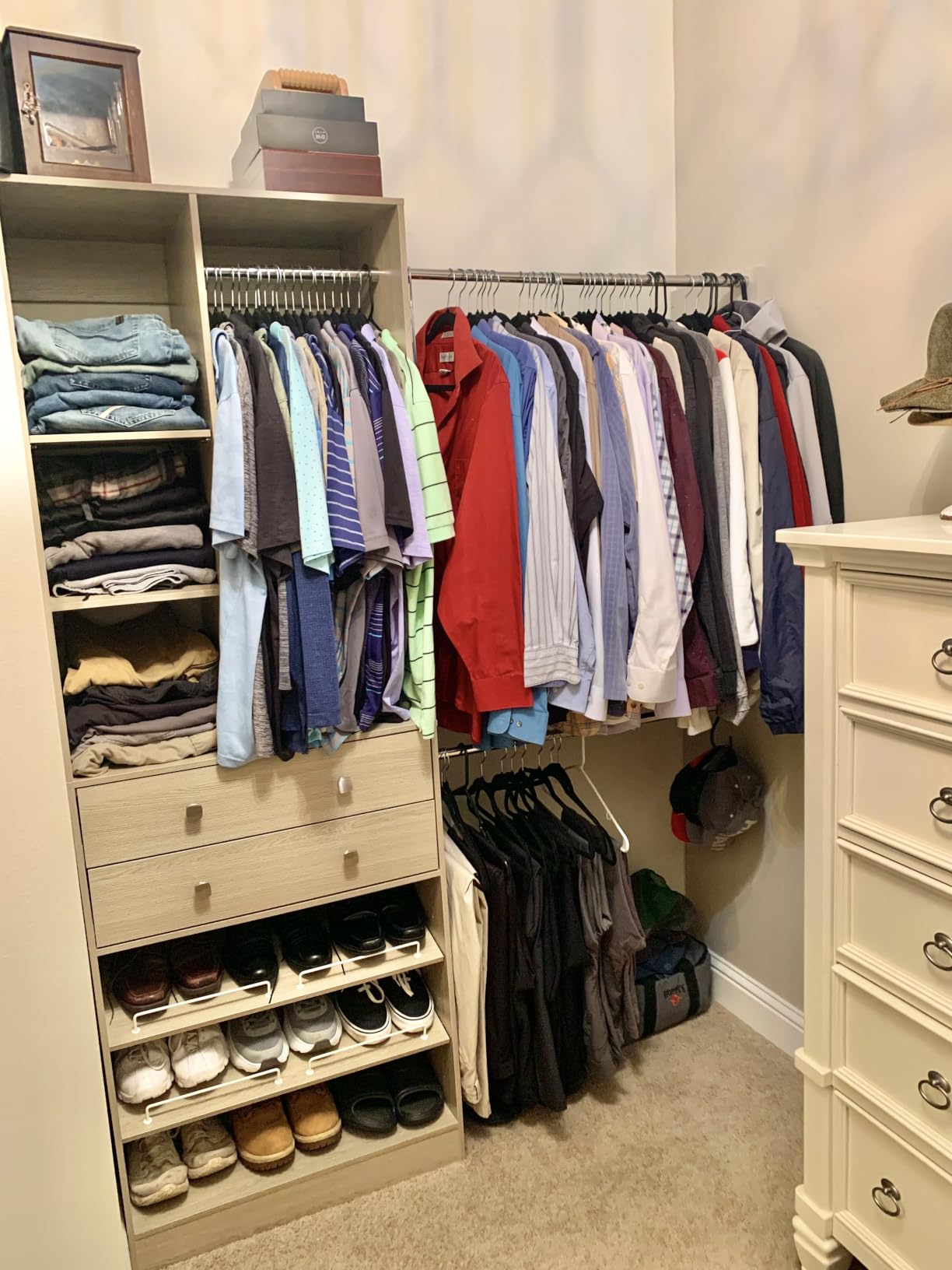 Besiost Closet System, 4.2-8.8 FT Closet Organizer with 2 Wooden Drawers and Shelves, Walk-in Closet System with 5 Hang Rods, Built-in Reach in Closet Tower, Can Fit 60 to 96 inch, White customer photo 1