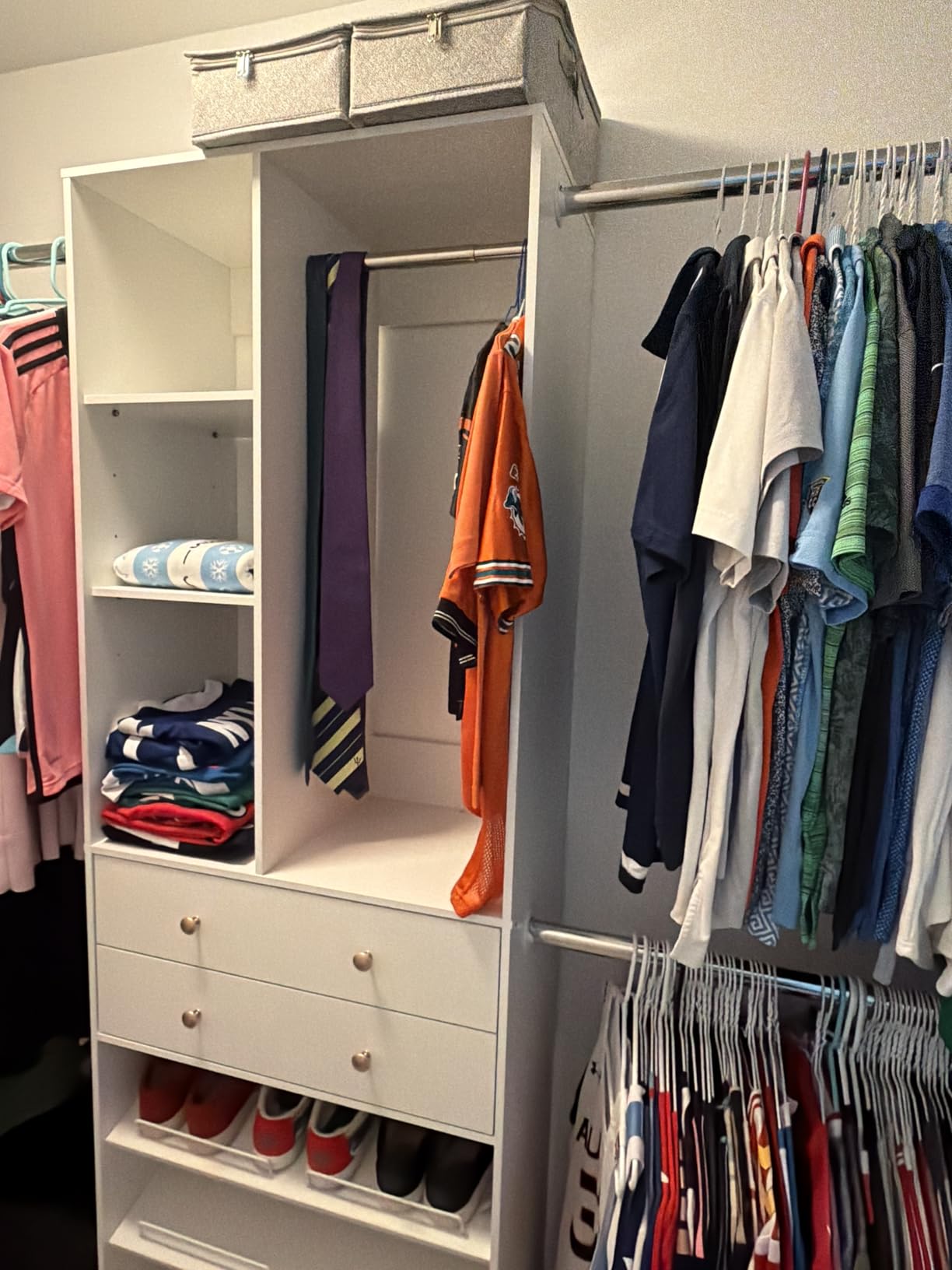Besiost Closet System, 4.2-8.8 FT Closet Organizer with 2 Wooden Drawers and Shelves, Walk-in Closet System with 5 Hang Rods, Built-in Reach in Closet Tower, Can Fit 60 to 96 inch, White customer photo 2