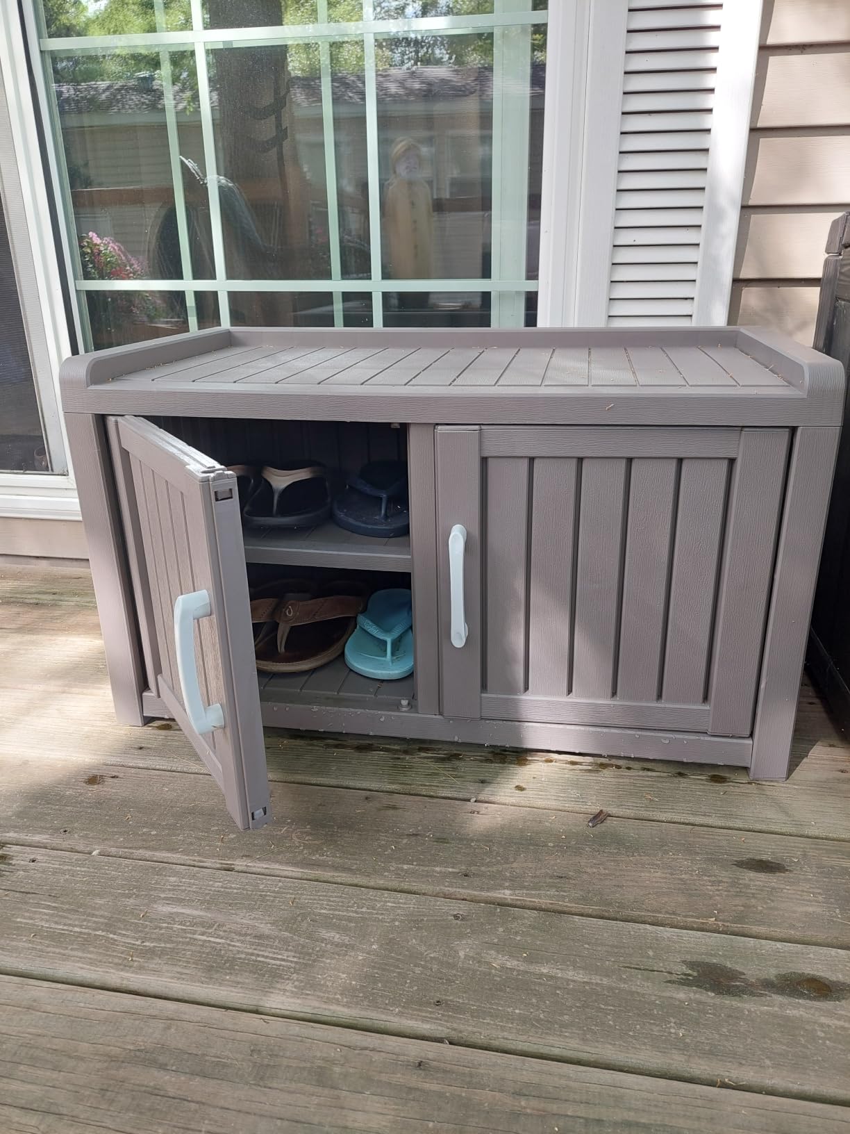 2-Tier Storage Bench, Waterproof UV-Resistant Outdoor Shoe Storage Cabinet with 2 Doors & Adjustable Shelves for Indoor Outdoor Entryway, Hallway, Living Room (Black) customer photo 1