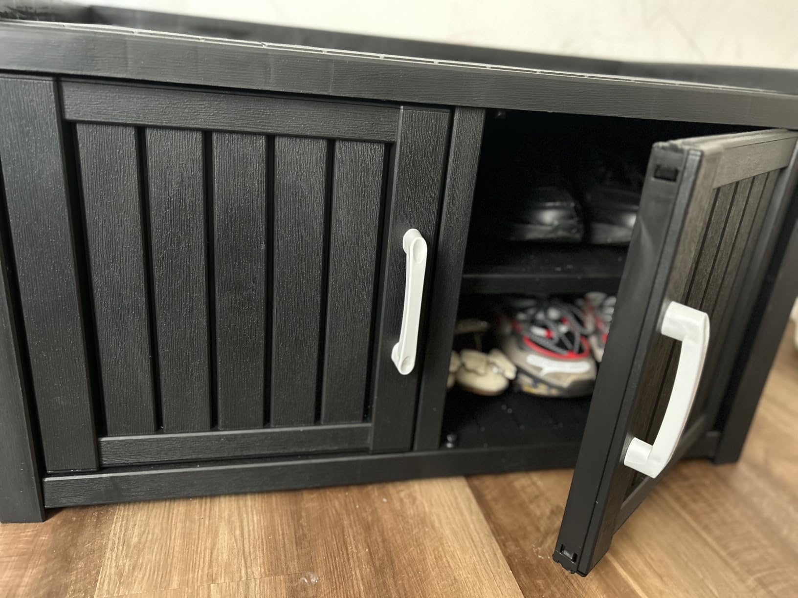 2-Tier Storage Bench, Waterproof UV-Resistant Outdoor Shoe Storage Cabinet with 2 Doors & Adjustable Shelves for Indoor Outdoor Entryway, Hallway, Living Room (Black) customer photo 2