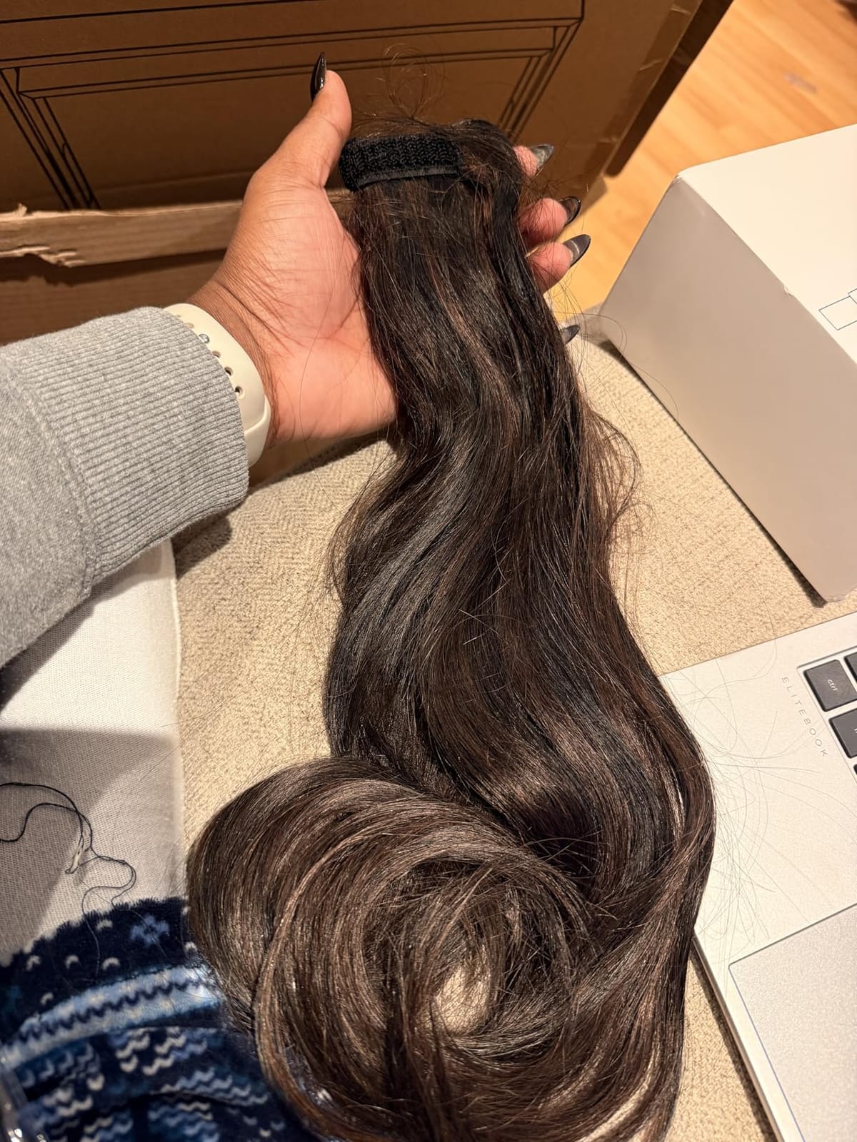Ponytail Extension Human Hair 14 Inch Dark Brown Silky Straight Clip in Pony Tails Hair Extensions Real Hair Wrap Around Ponytail Hair Piece for Girls (14 Inch Dark Brown #2 75G) customer photo 1