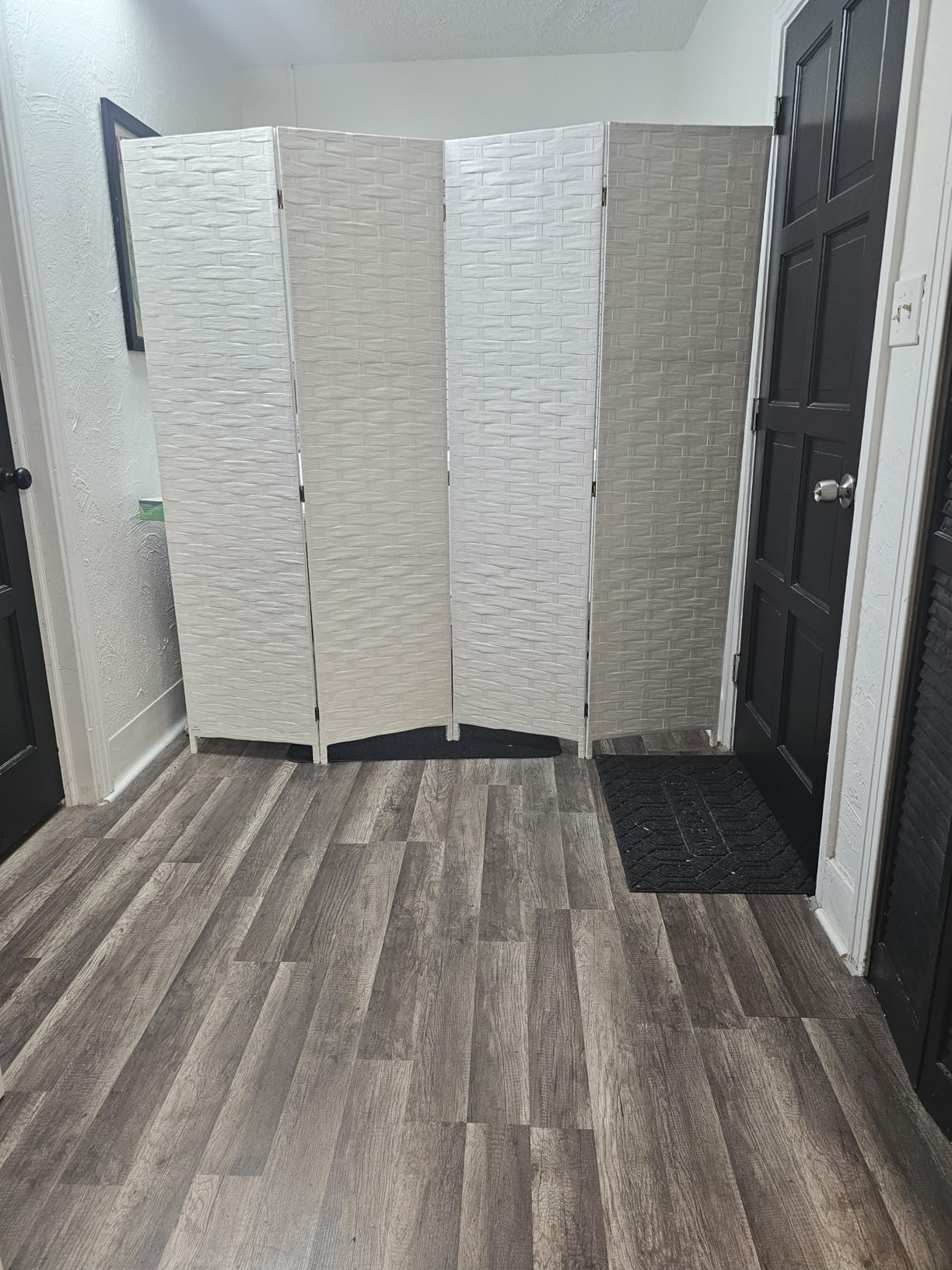 FDW Room Divider Wood Screen 4 Panel Folding Portable Partition Screens Wooden Mesh Woven Design Room Screen Divider for Home Office (Coal Black) customer photo 1