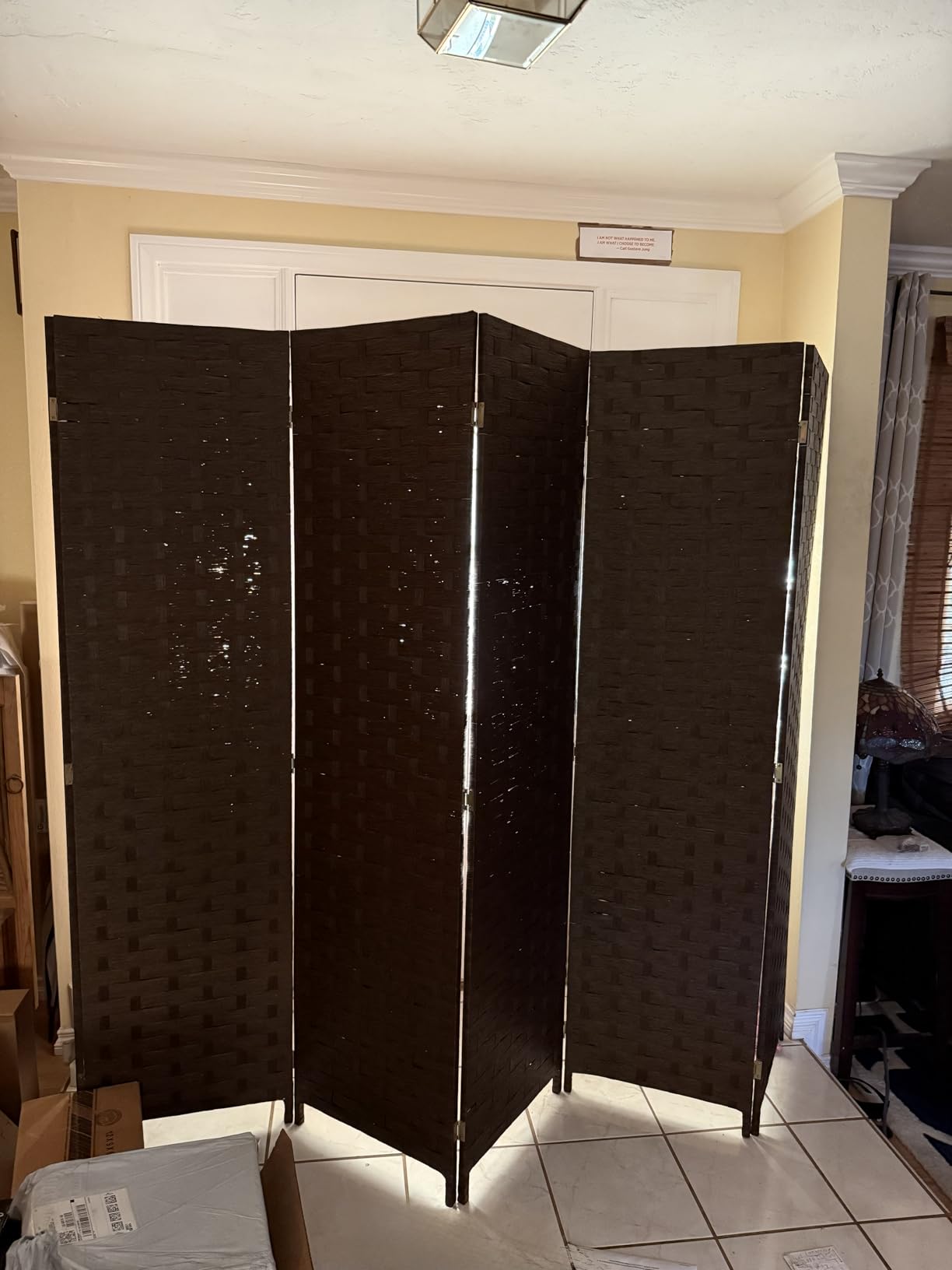 FDW Room Divider Wood Screen 4 Panel Folding Portable Partition Screens Wooden Mesh Woven Design Room Screen Divider for Home Office (Coal Black) customer photo 2