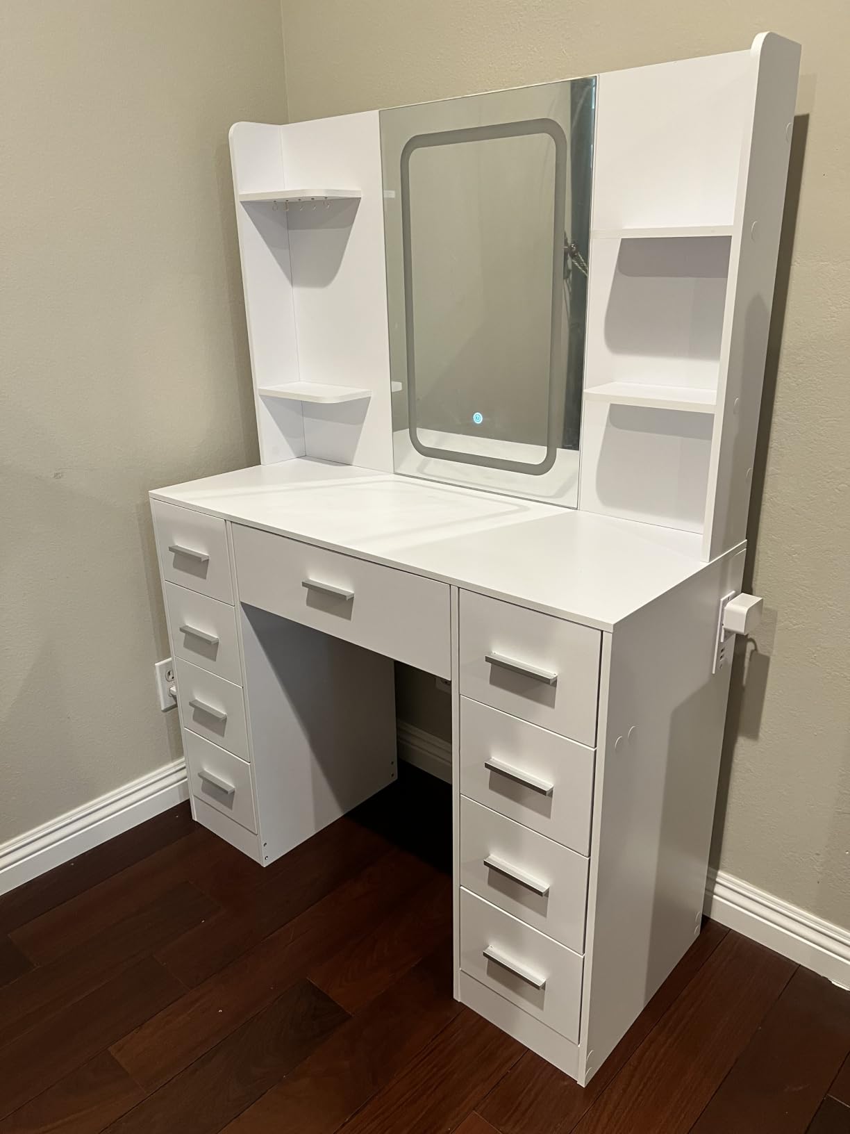 FIONESO Vanity with Large Mirror and 12 LED Lights, Vanity Desk with 7 Drawers & Hairdryer Holder, Makeup Vanity Desk with Charging Station for Women, Girls, 3 Lighting Color Adjustable, White customer photo 2