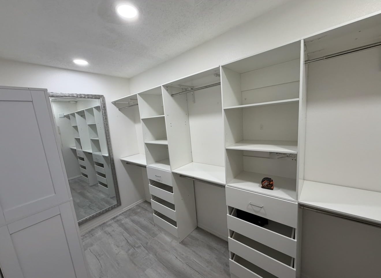 Aheaplus Closet System, Wood Closet Organizer System with Drawers, White | 4 Hanging Rods & Top Shelves, Closet Organizer Wardrobe Clothes Rack System for Walk-in Closet, Cut Fits Spaces 4-9FT. Wide customer photo 1
