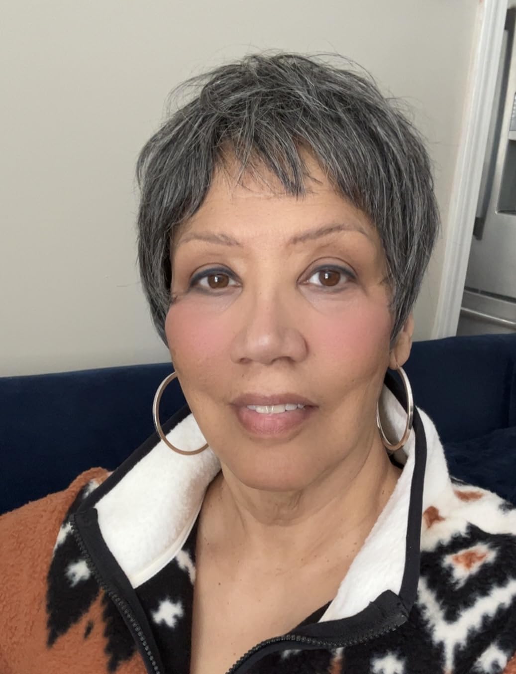 LUVME HAIR Ultra Comfort Salt & Pepper Gray Wigs Throw On & Go Short Pixie Cut with Bangs 5 Inches Skin Friendly Cotton Cap 100% Real Human Hair Glueless Wig Full Machine Made customer photo 1