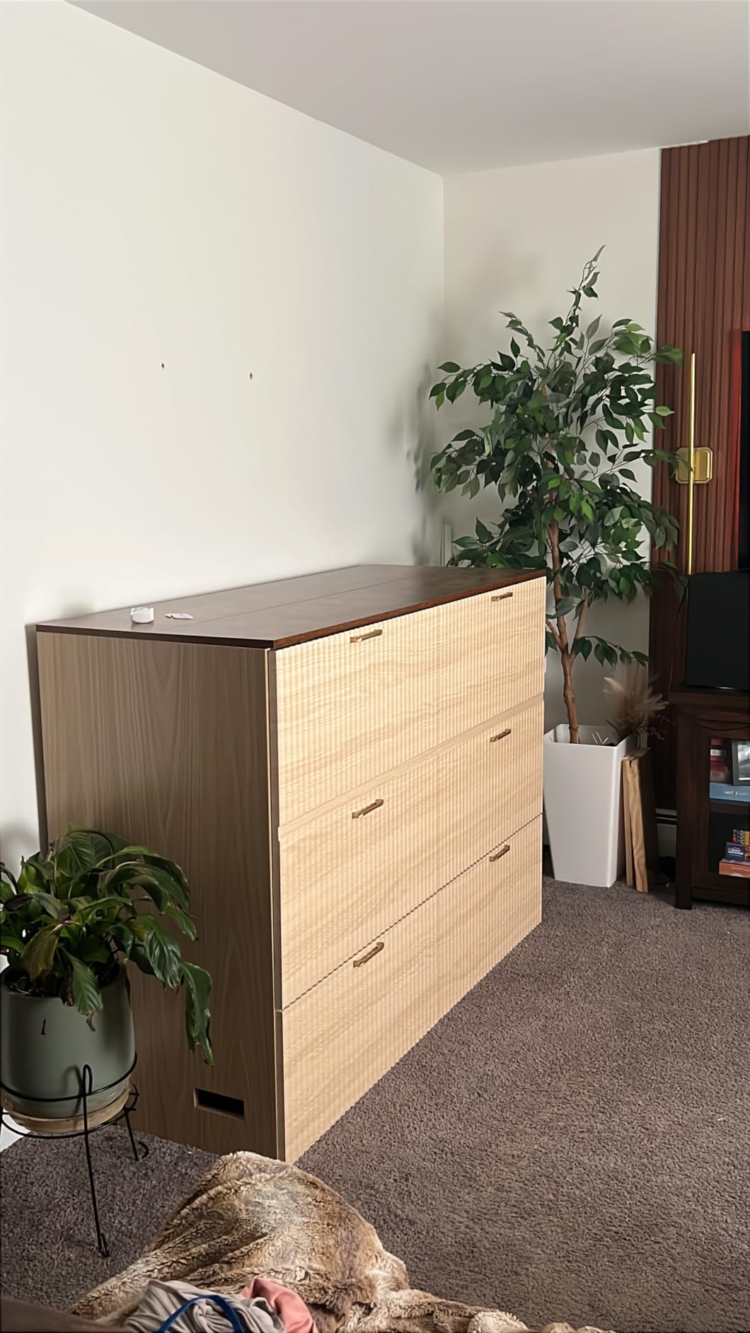VINGLI Full Murphy Bed with Storage Drawer,2 Charging Station,Rustic & Scandinavian Style Foldable Bed Cabinet,Hideaway Paltform Panel Bed for Small Room,Guest Room,Office,Apartment,Golden Brown customer photo 1