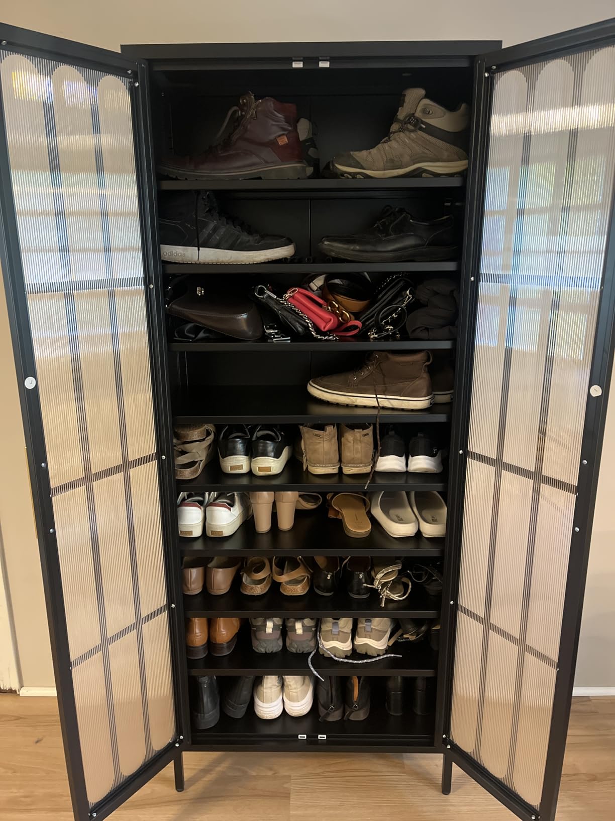 9-Tier Tall Metal Shoe Cabinet with Doors & Hooks, 67