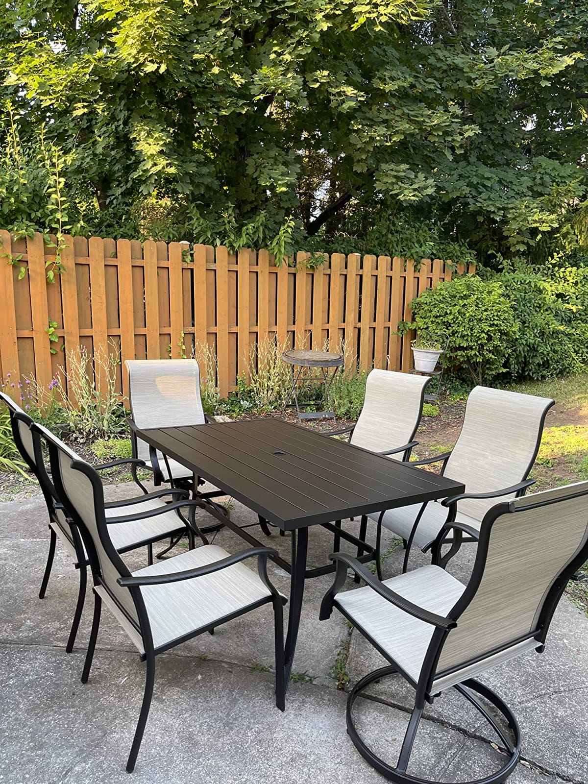 HAPPATIO Outdoor Patio Dining Set, 8 Quick Dry Textilene Dining Chairs and Dining Table with Umbrella Hole, Stackable Textilene Chairs for Garden, Patio and Poolside Backyard, Light Grey customer photo 1