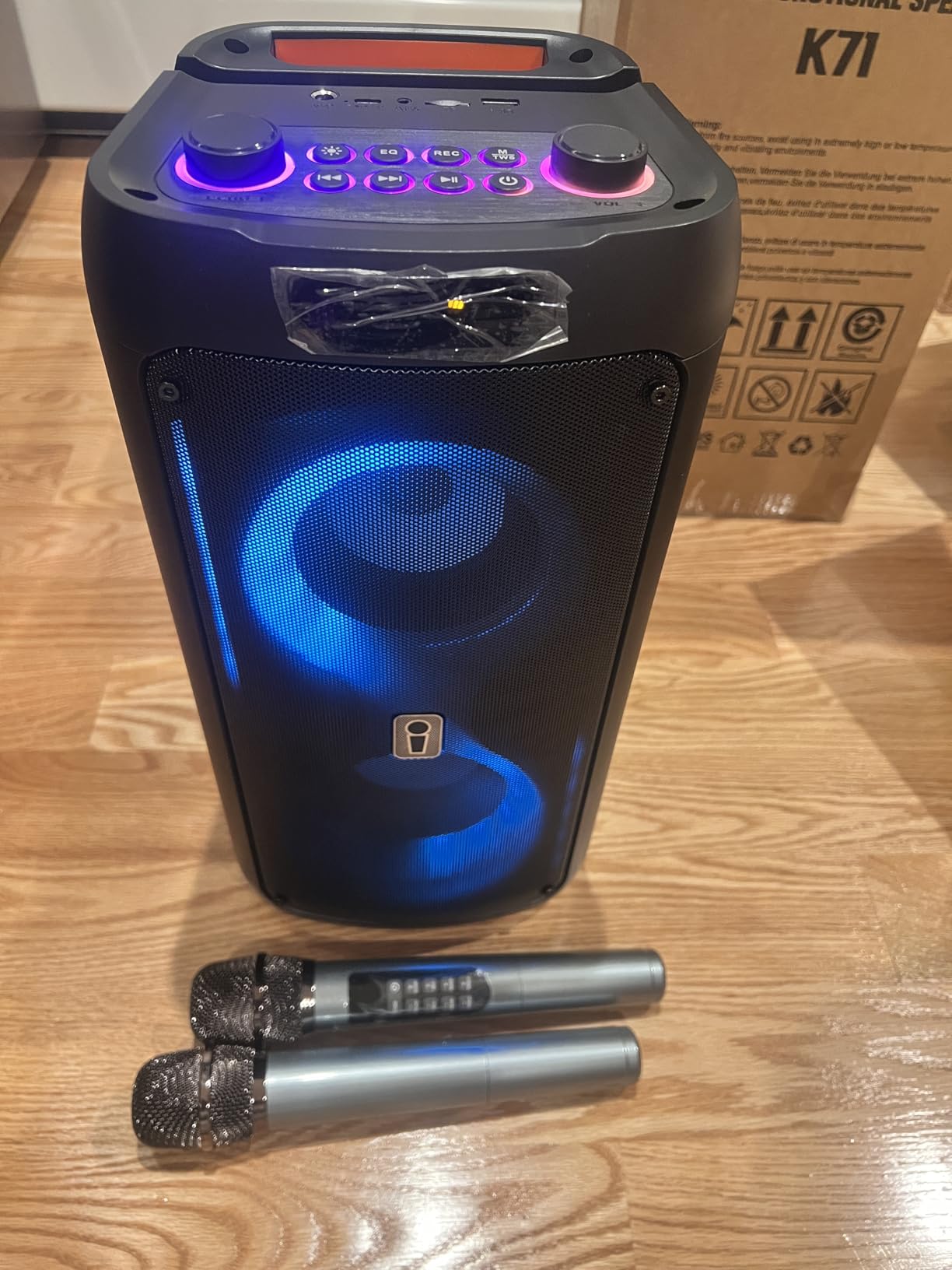 Karaoke Machine Portable Bluetooth Speaker with 2 Wireless Microphones | PA System with Disco Lights for Big Party, Outdoor, Supports USB TF AUX, Ideal Gifts for Family, Music Lover customer photo 1