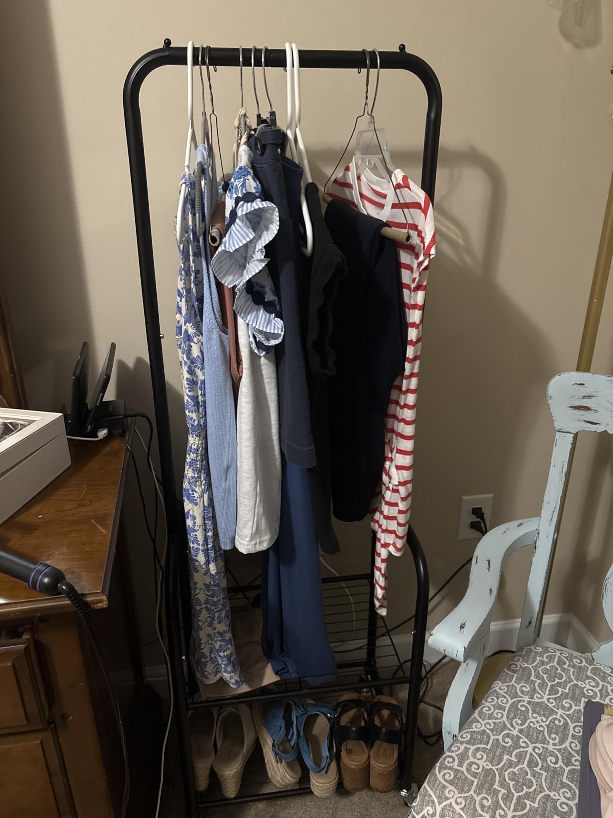 AOODA Small Clothes Rack with Shelves, Metal Sturdy Rolling Clothing Racks for Hanging Clothes, Portable Garment Rack with Wheels for Shirts, Coats, Shoes, Bags (Gold) customer photo 1