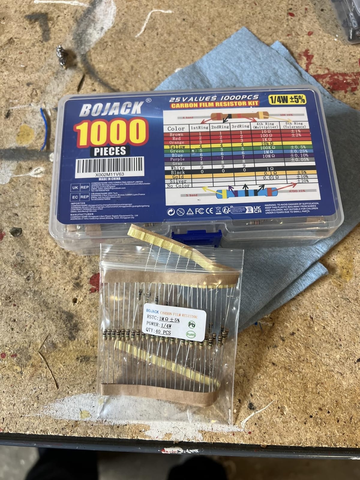 BOJACK 1000 Pcs 25 Values Resistor Kit 1 Ohm-1M Ohm with 5% 1/4W Carbon Film Resistors Assortment customer photo 1